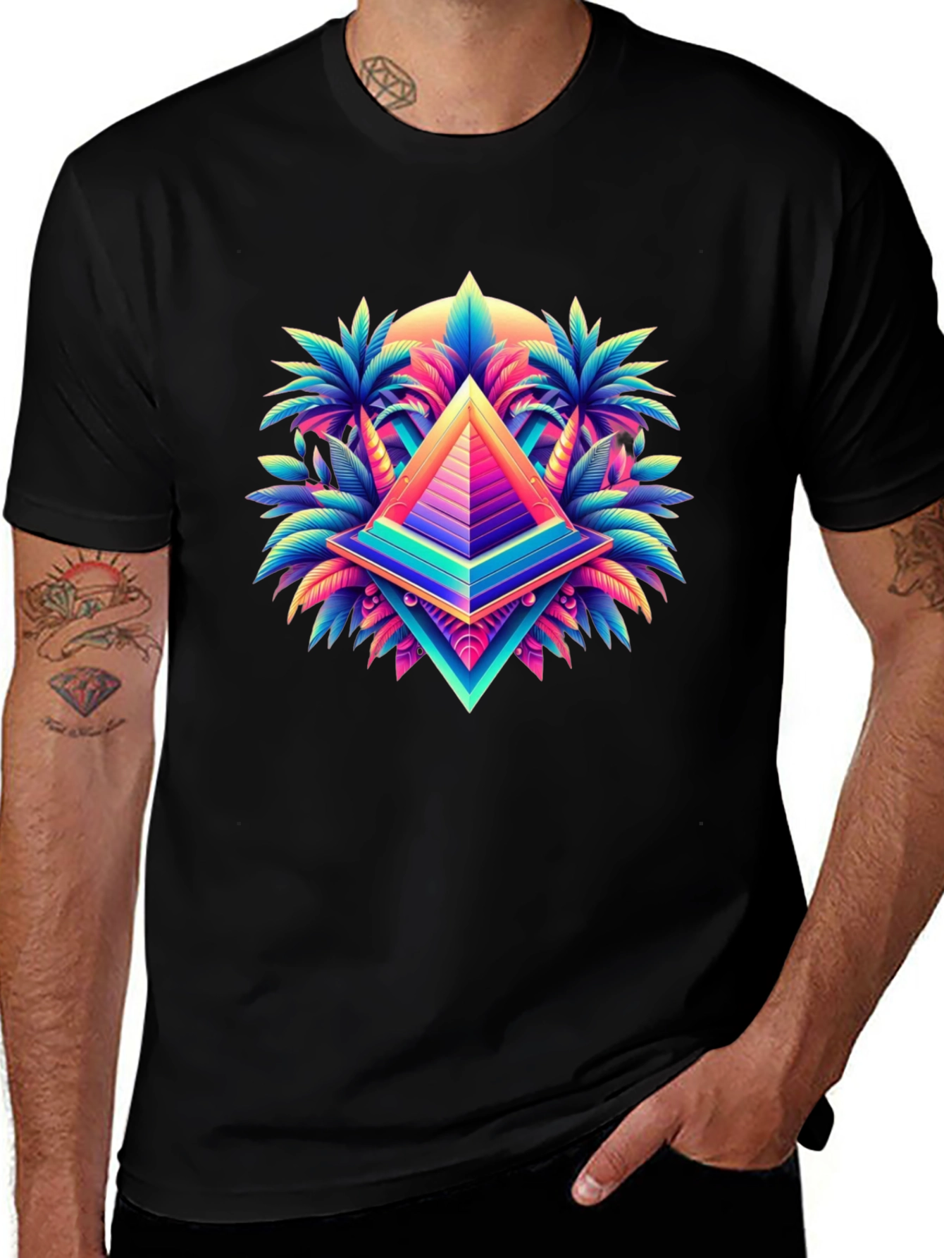 Vaporwave Pyramid Palm Tree Graphic T-Shirt