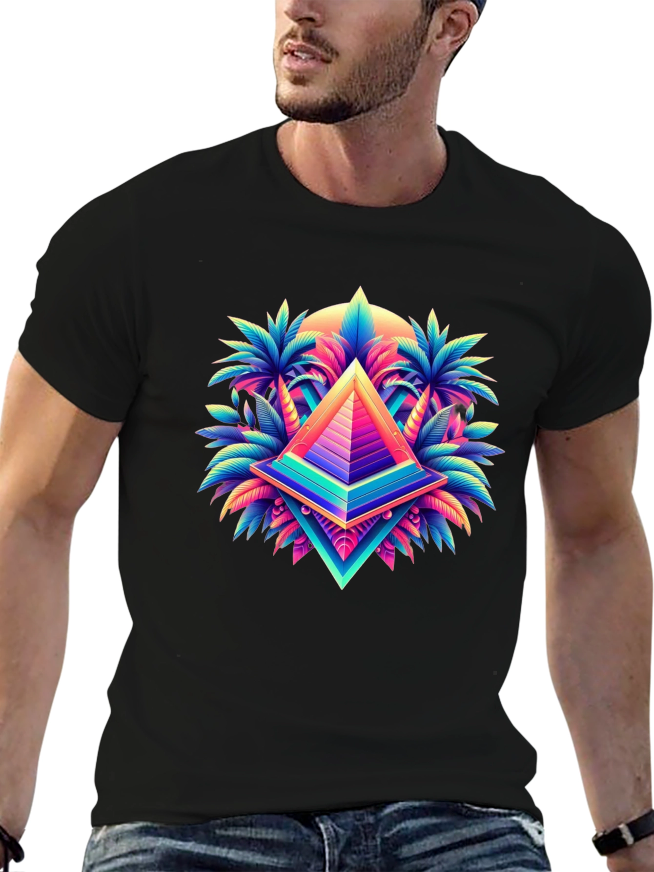 Vaporwave Pyramid Palm Tree Graphic T-Shirt