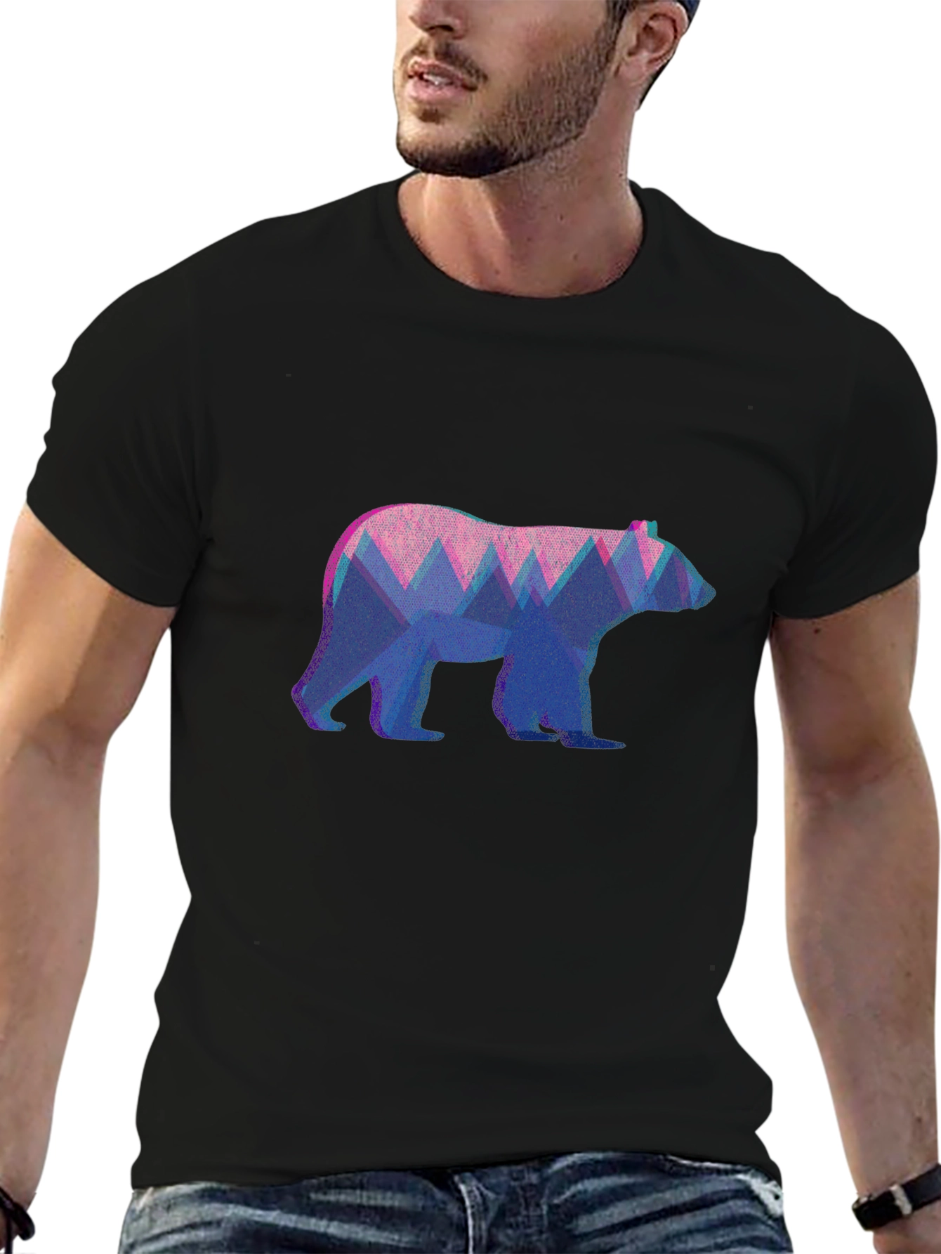 Geometric Bear Graphic Tee - Black