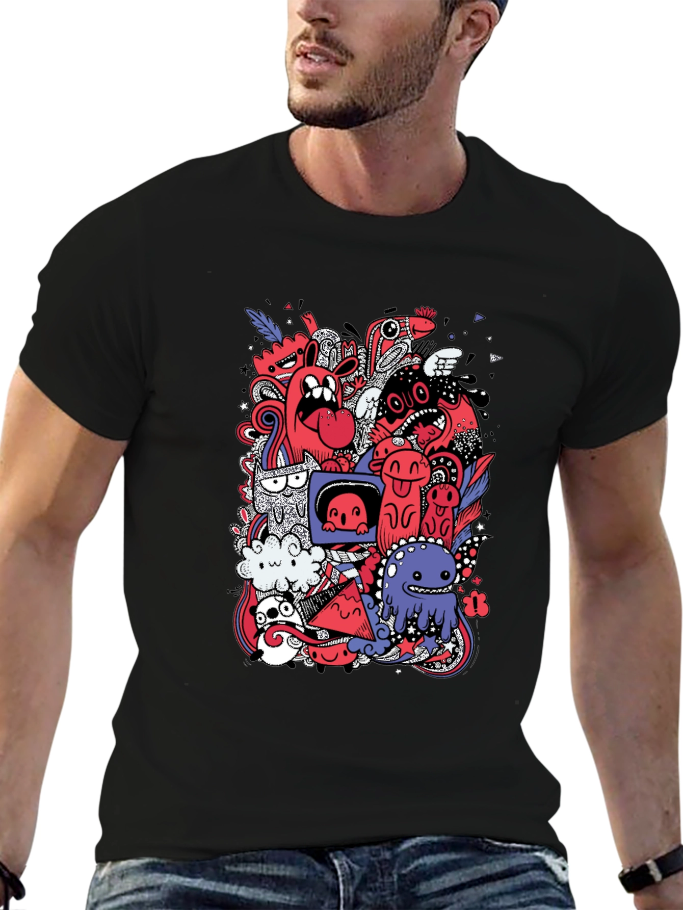 Funky Doodle Graphic Tee - Black Cotton T-Shirt