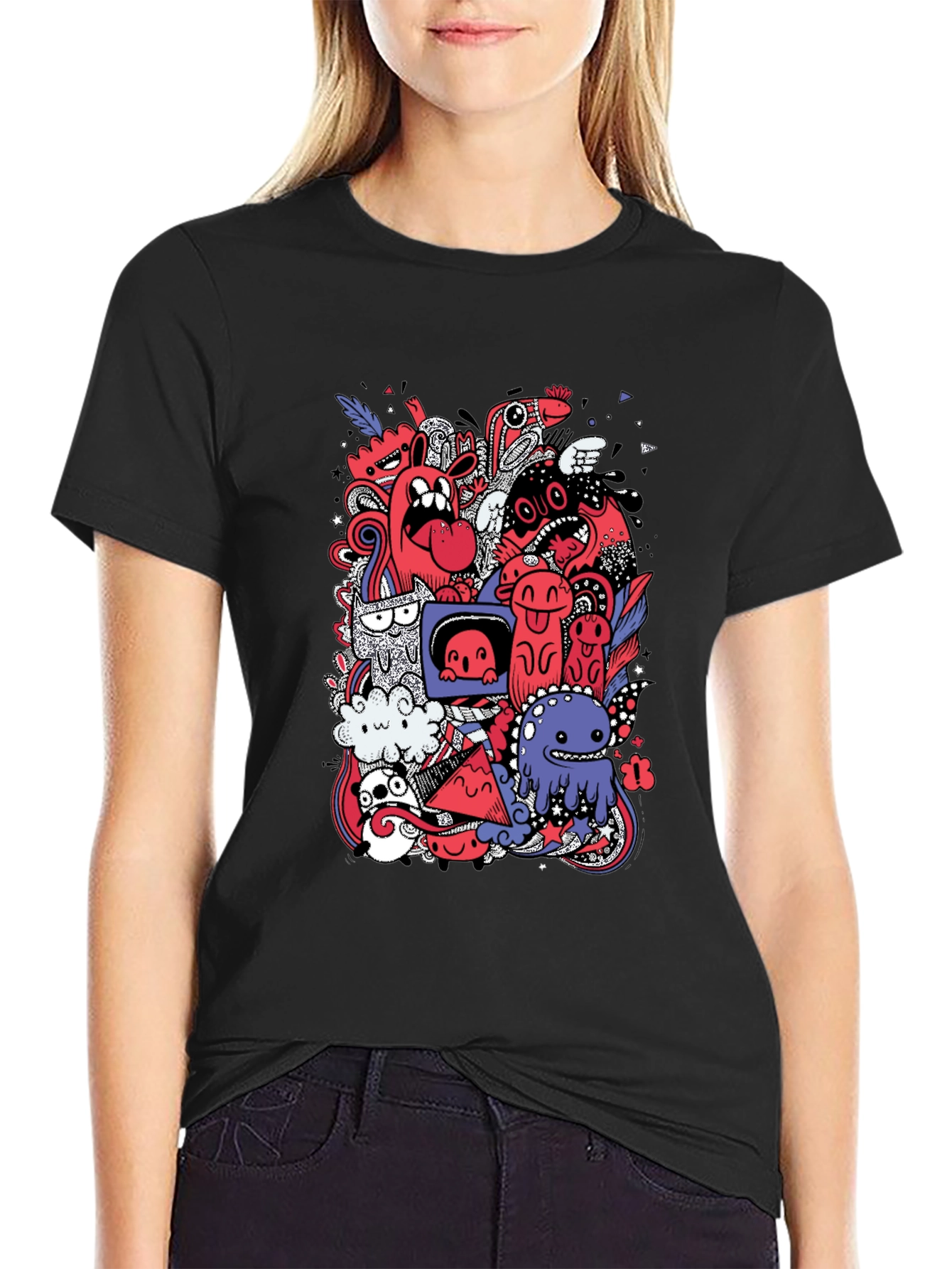 Funky Doodle Graphic Tee - Black Cotton T-Shirt