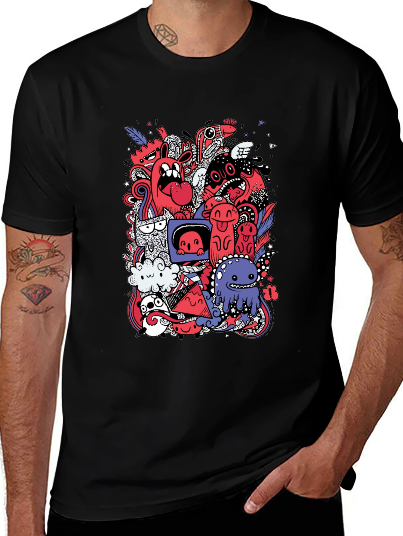 Funky Doodle Graphic Tee - Black Cotton T-Shirt
