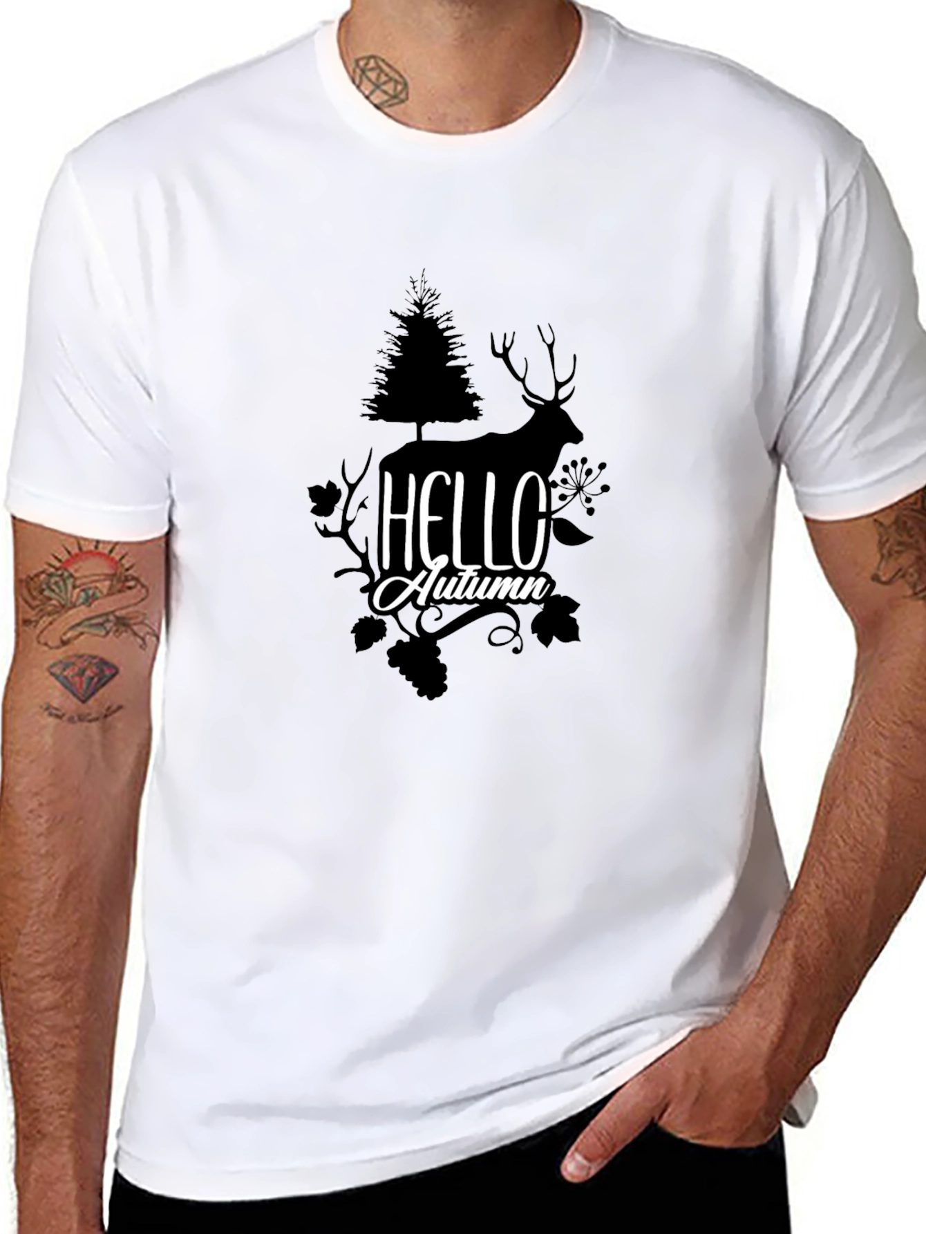 Hello Autumn Graphic Tee - Nature Inspired Black T-Shirt
