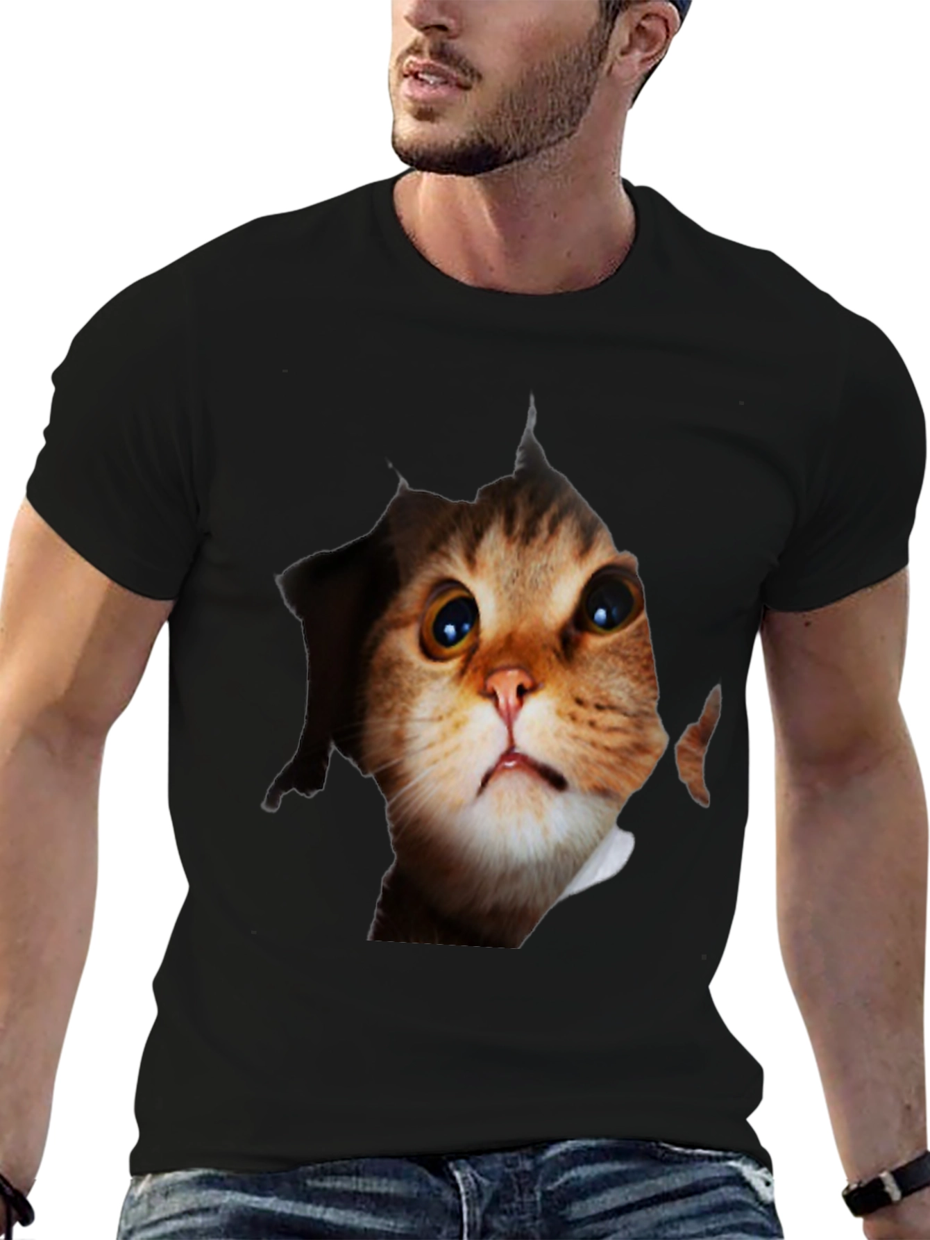 3D Cat Peeking Out Black T-Shirt