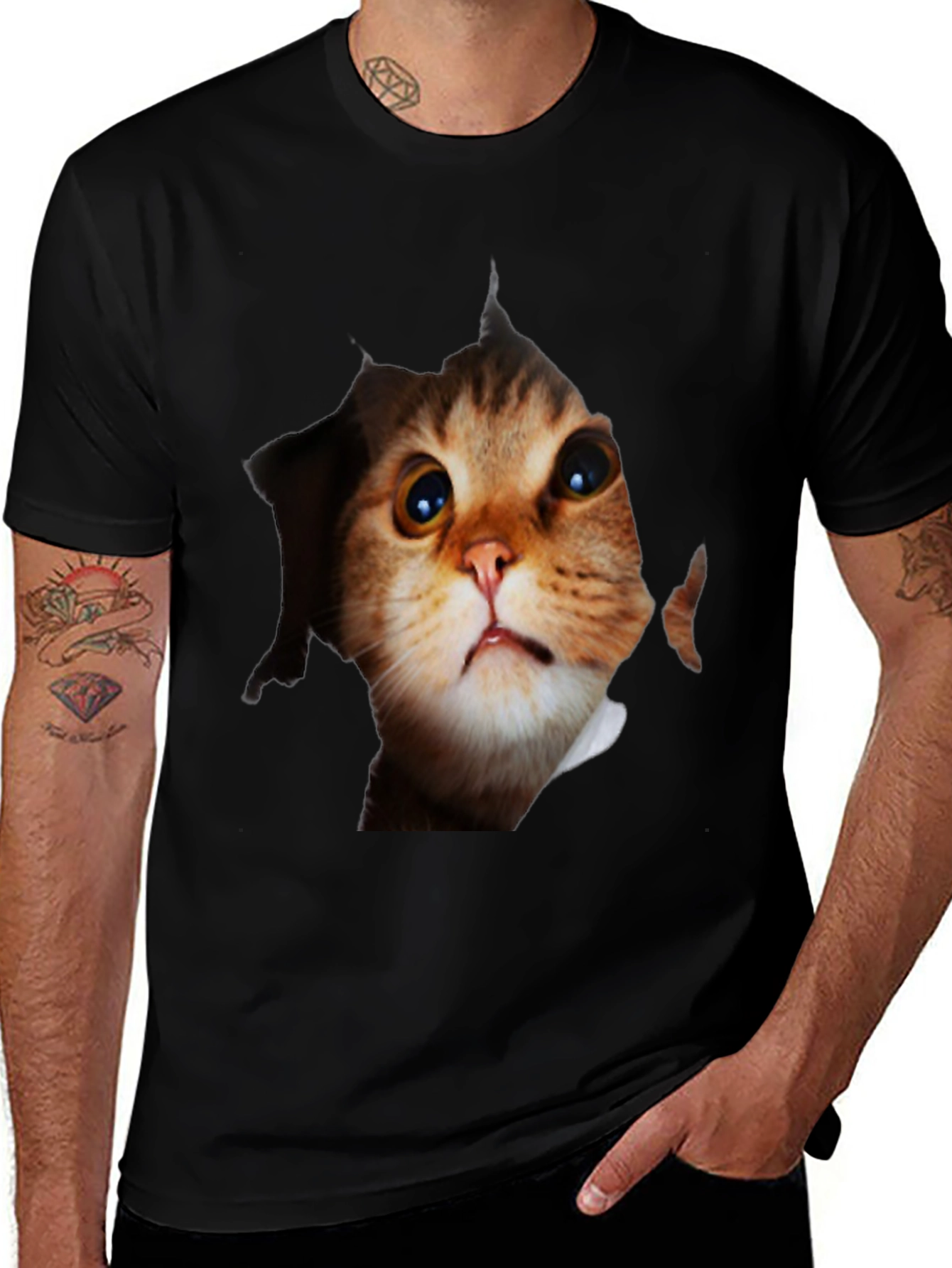 3D Cat Peeking Out Black T-Shirt