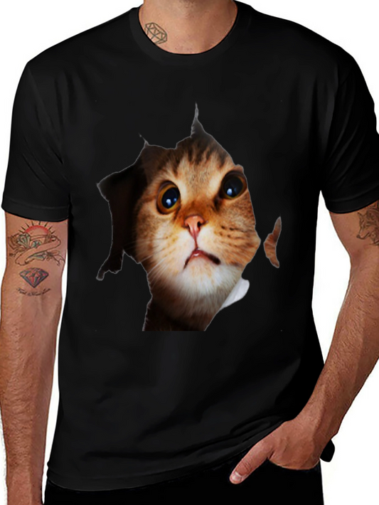 3D Cat Peeking Out Black T-Shirt