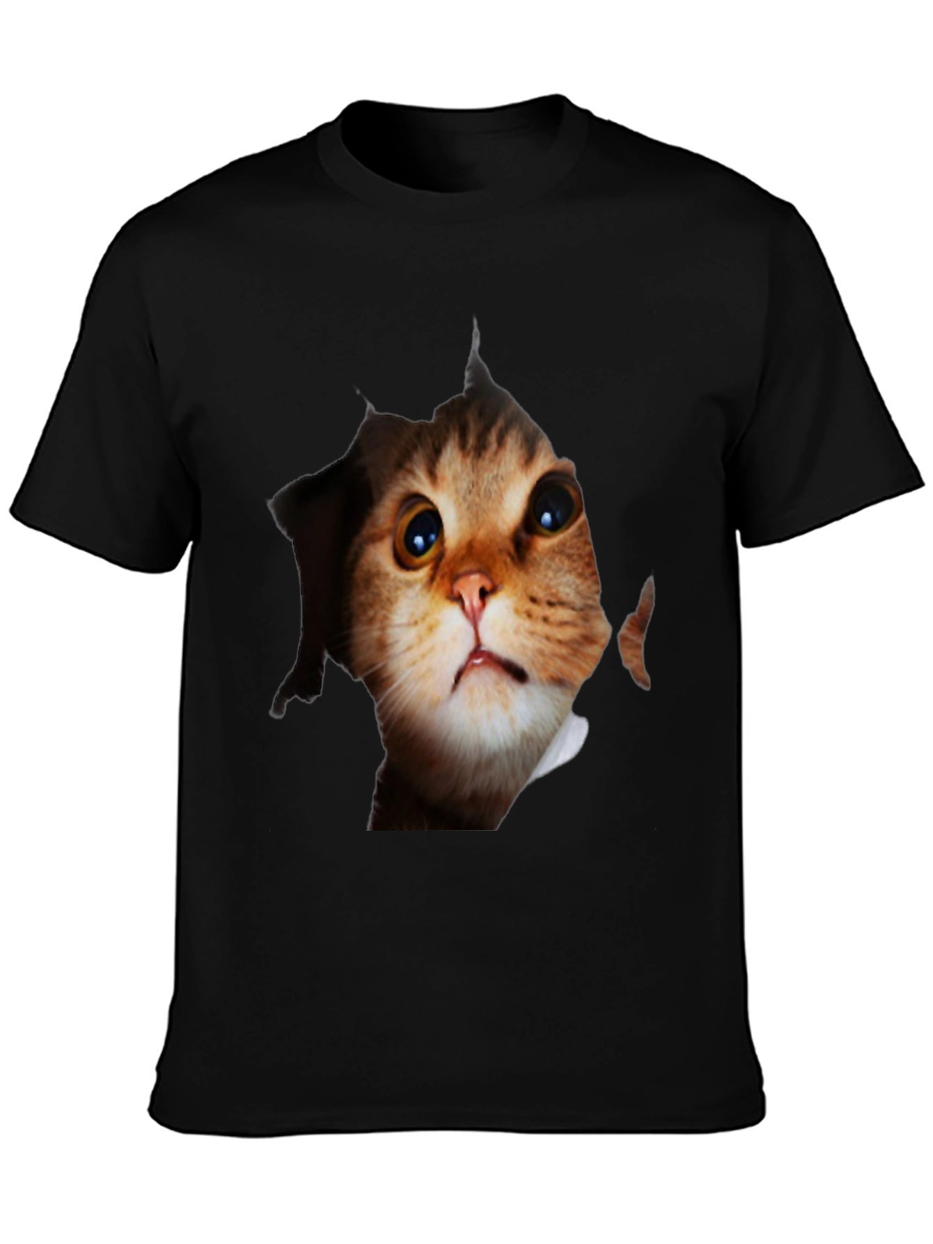 3D Cat Peeking Out Black T-Shirt