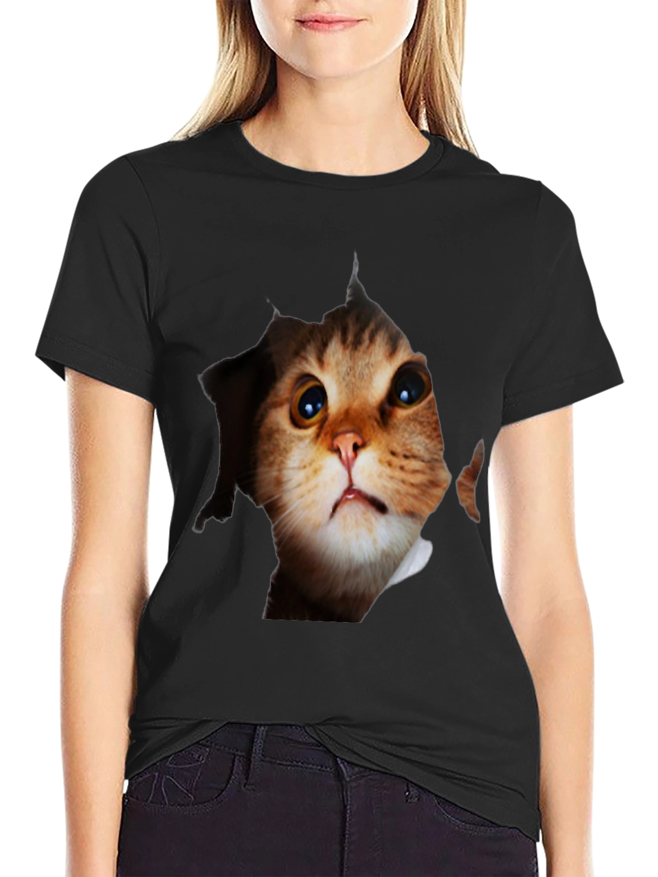 3D Cat Peeking Out Black T-Shirt