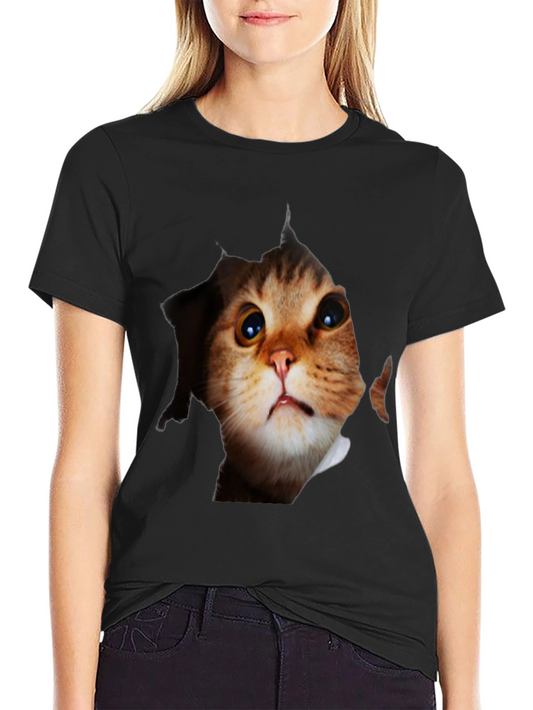 3D Cat Peeking Out Black T-Shirt