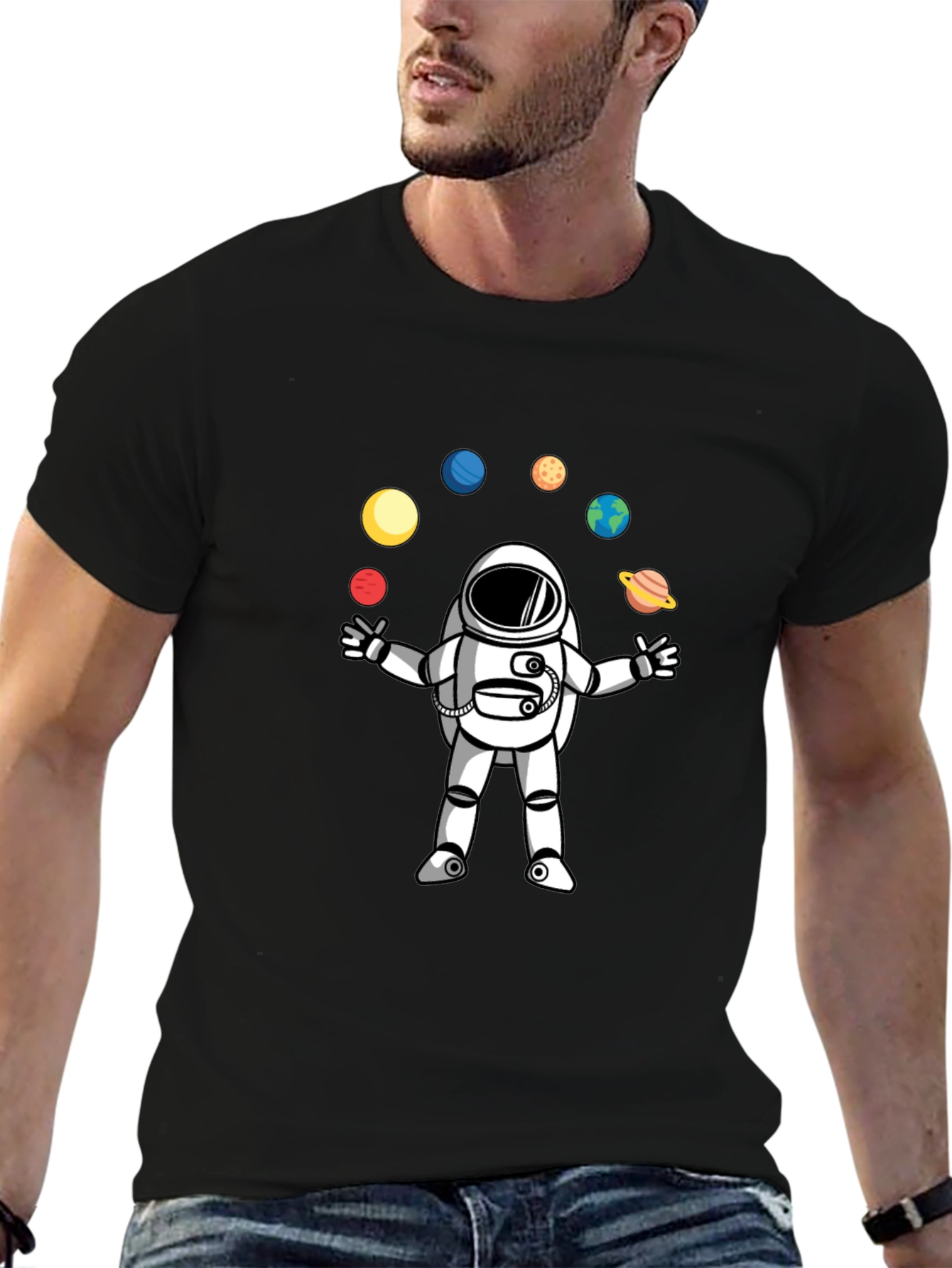 Astronaut Juggling Planets Black T-Shirt