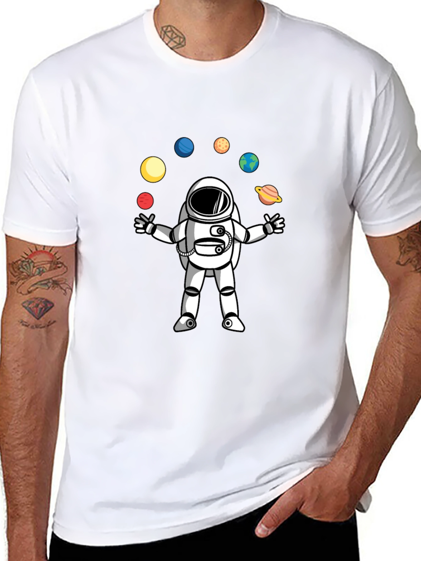Astronaut Juggling Planets Black T-Shirt