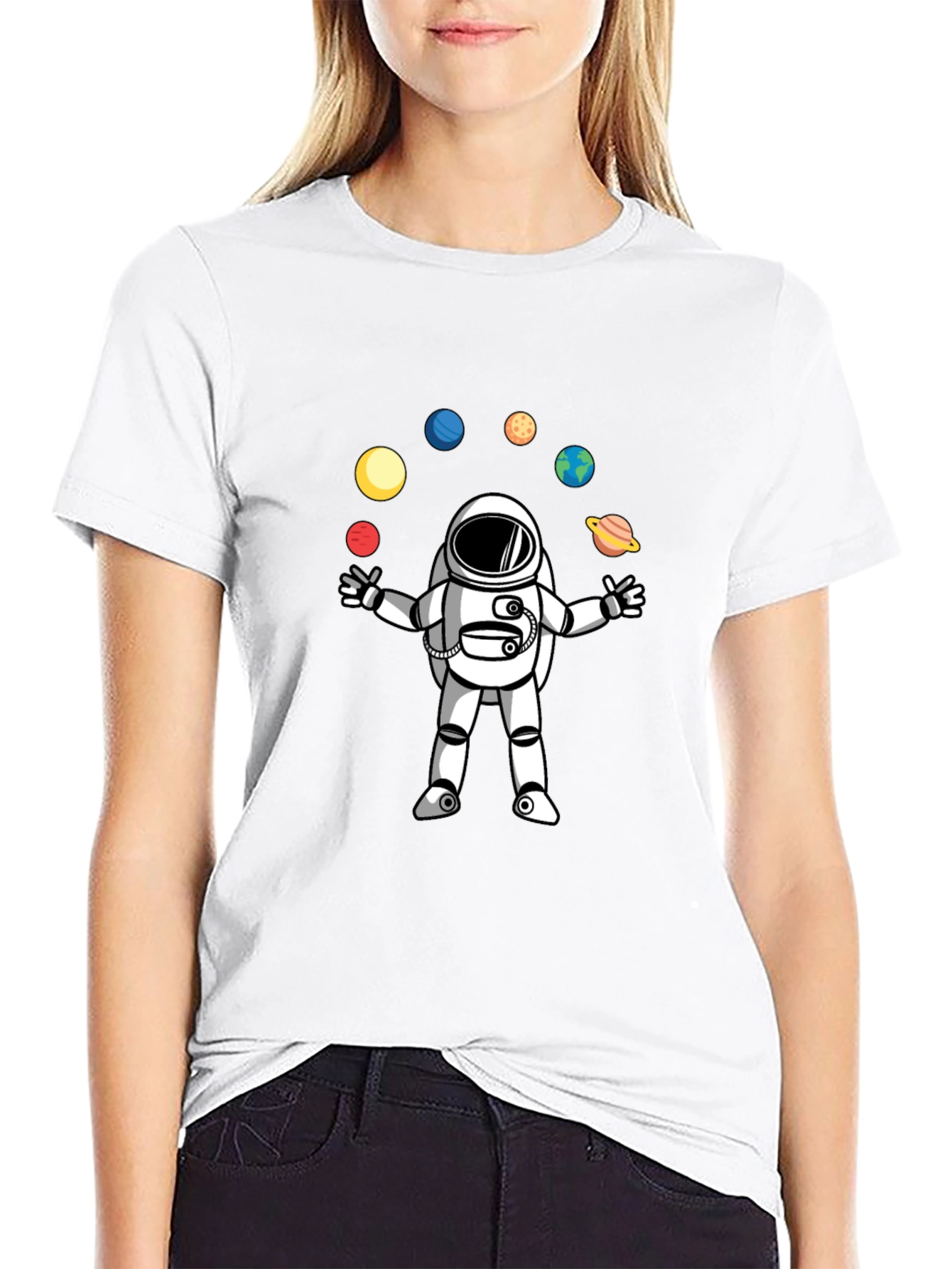 Astronaut Juggling Planets Black T-Shirt