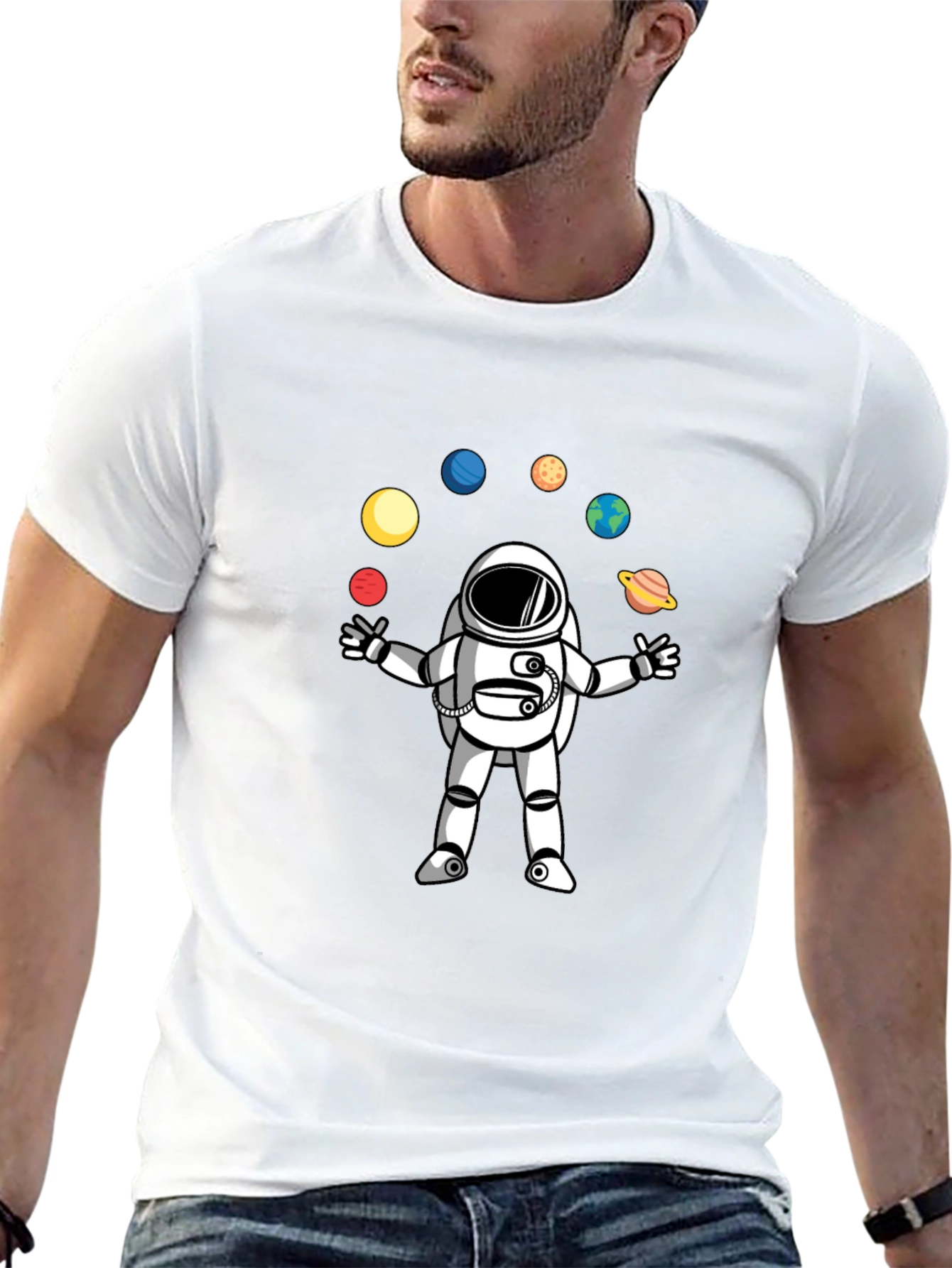 Astronaut Juggling Planets Black T-Shirt