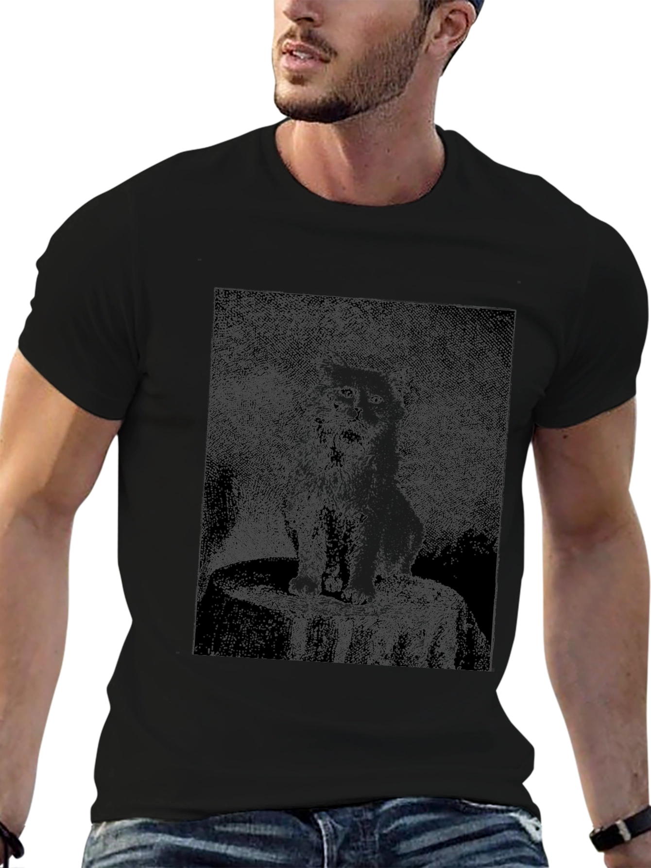 Black T-Shirt with Cat Graphic
