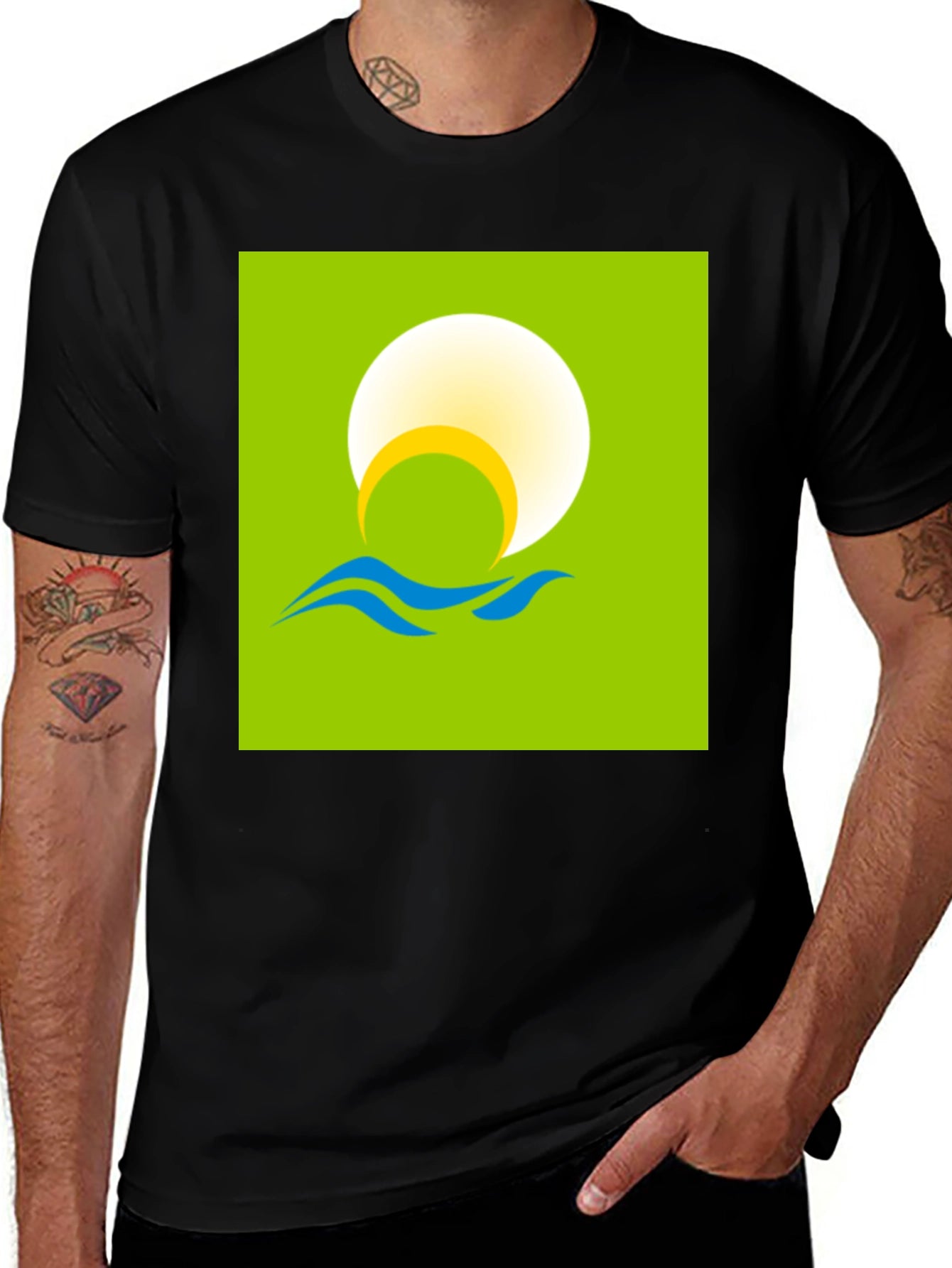 Sunrise Waves Graphic Tee - Black Cotton Casual Shirt