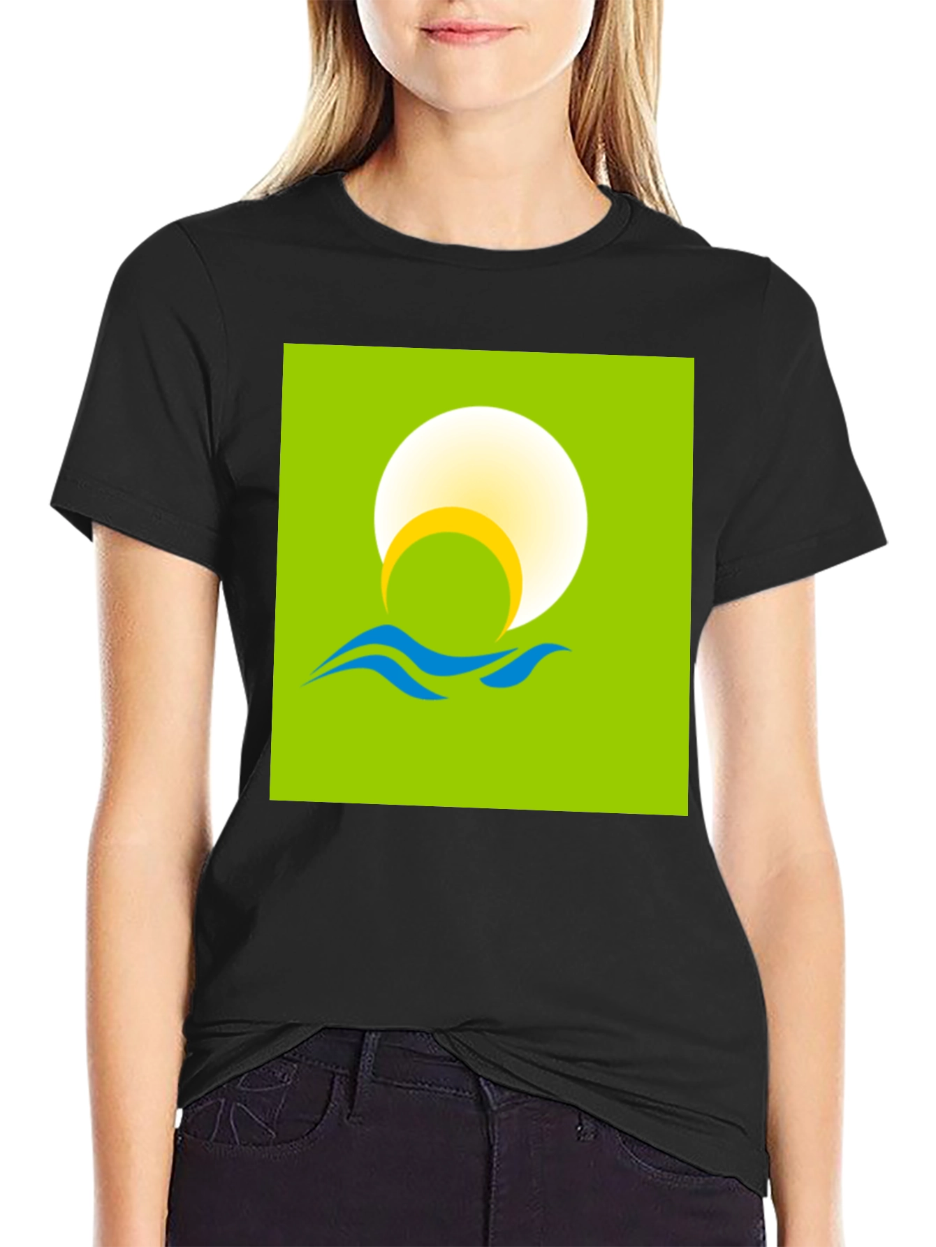 Sunrise Waves Graphic Tee - Black Cotton Casual Shirt