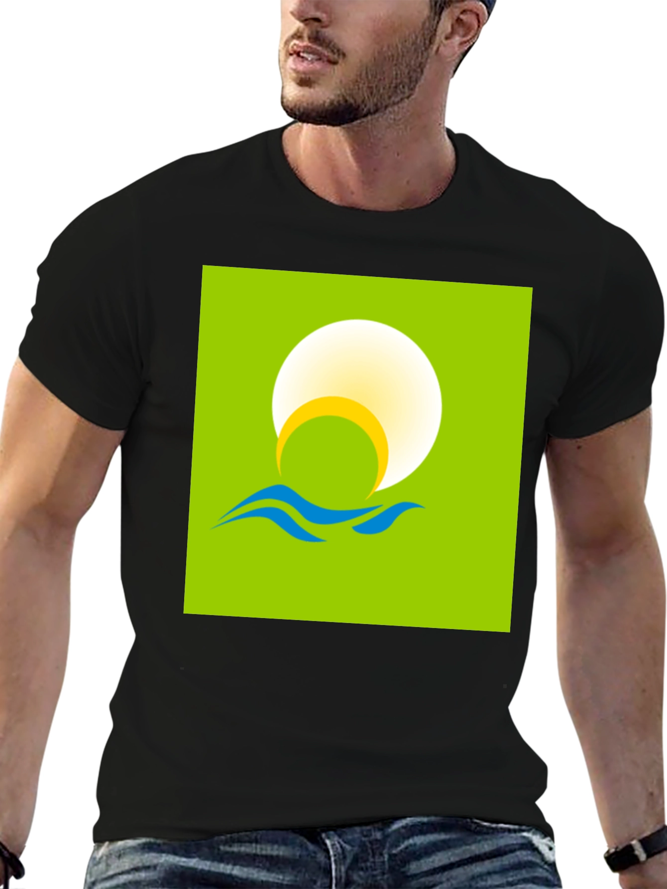 Sunrise Waves Graphic Tee - Black Cotton Casual Shirt