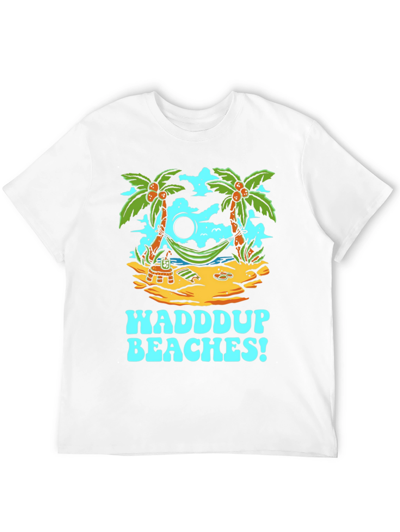 Waddup Beaches T-Shirt - Tropical Island Hammock Design