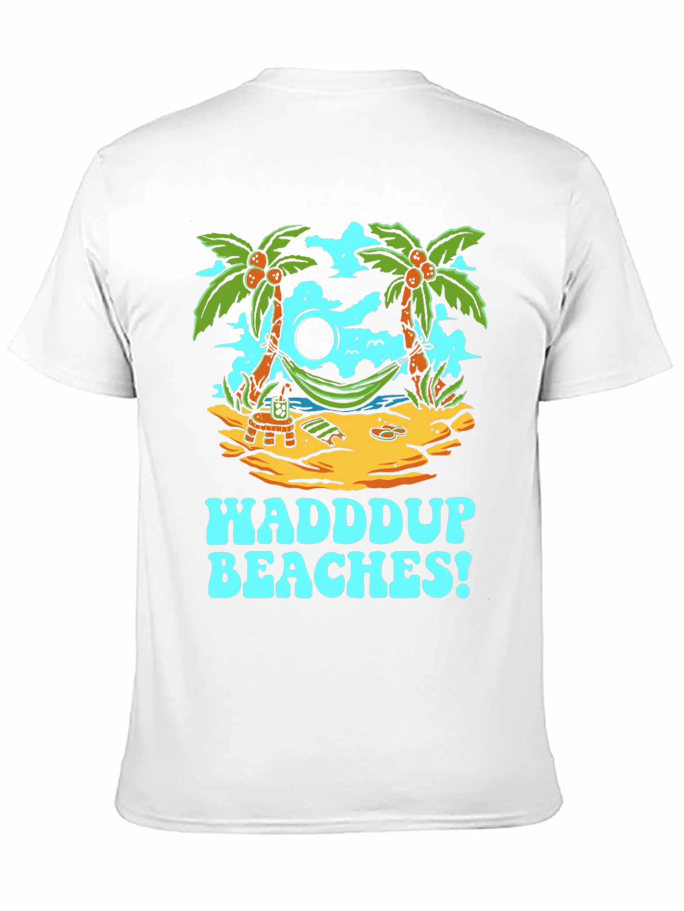 Waddup Beaches T-Shirt - Tropical Island Hammock Design