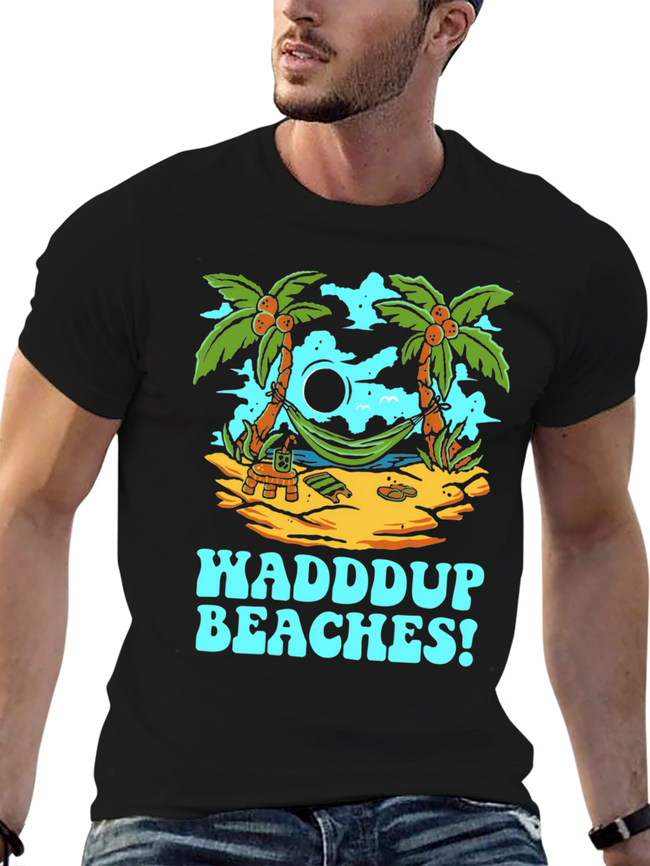 Waddup Beaches T-Shirt - Tropical Island Hammock Design