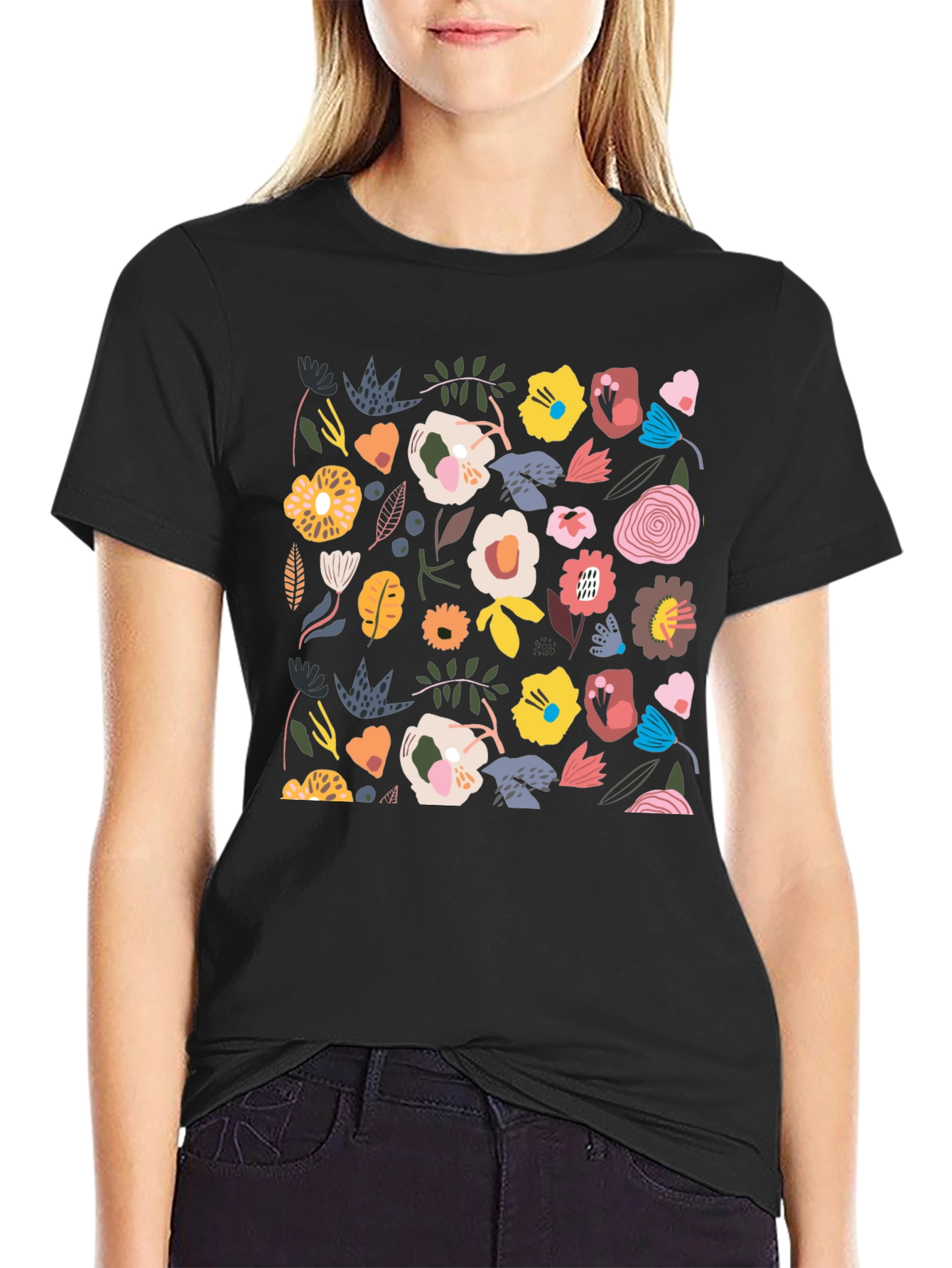 Floral Pattern T-Shirt - Stylish Black Tee