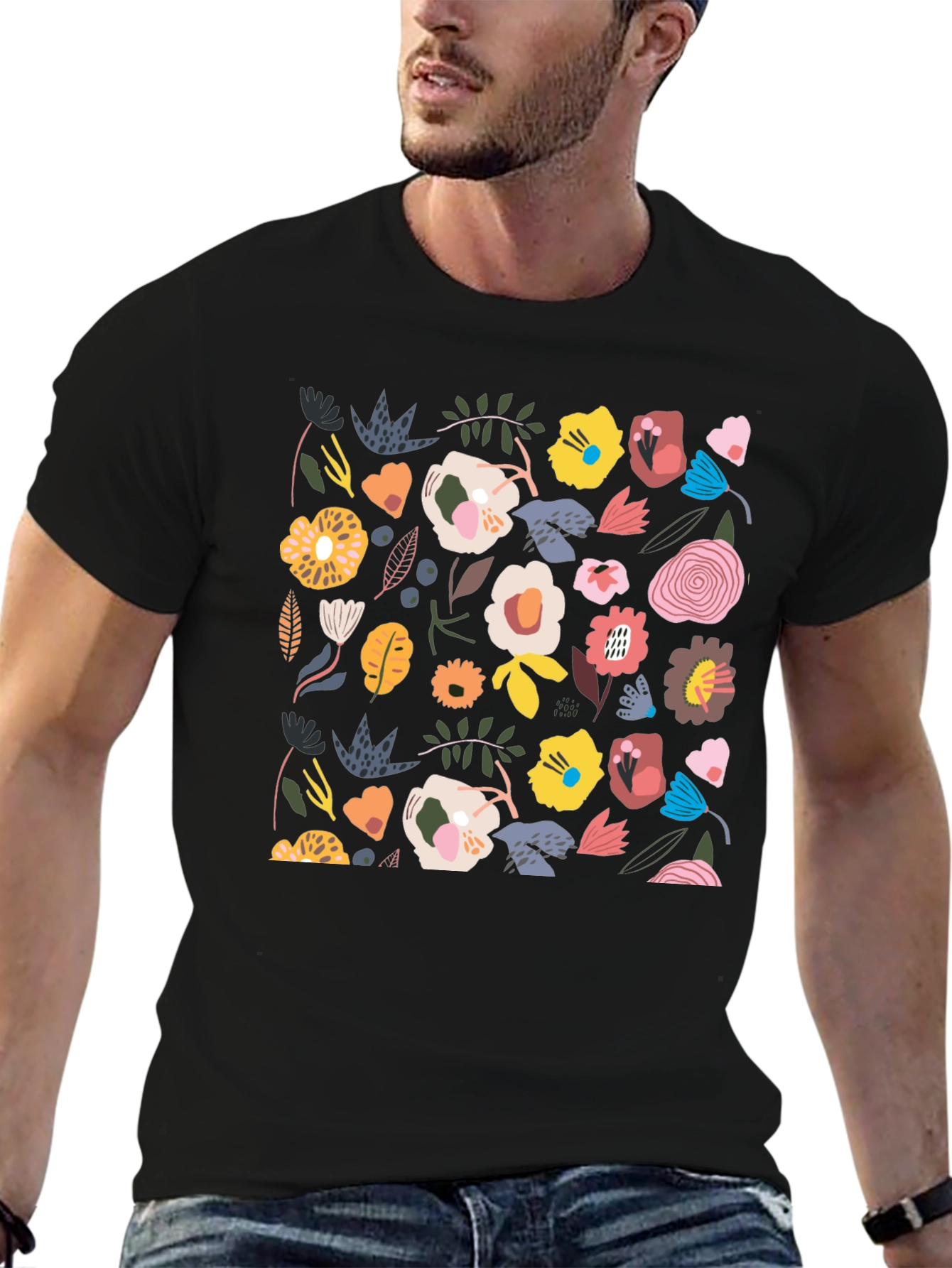Floral Pattern T-Shirt - Stylish Black Tee
