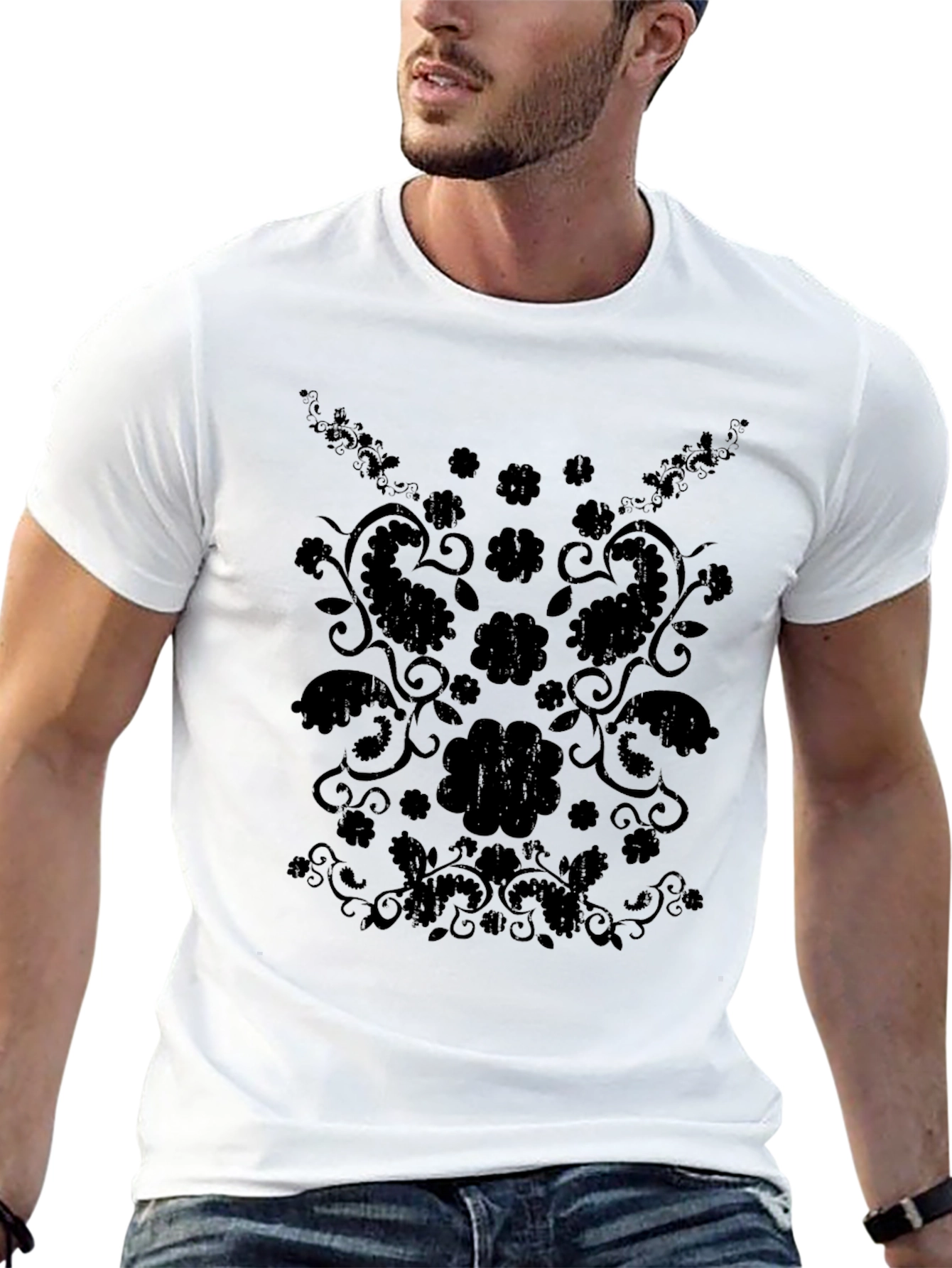 Stylish Black Floral Paisley Graphic Tee
