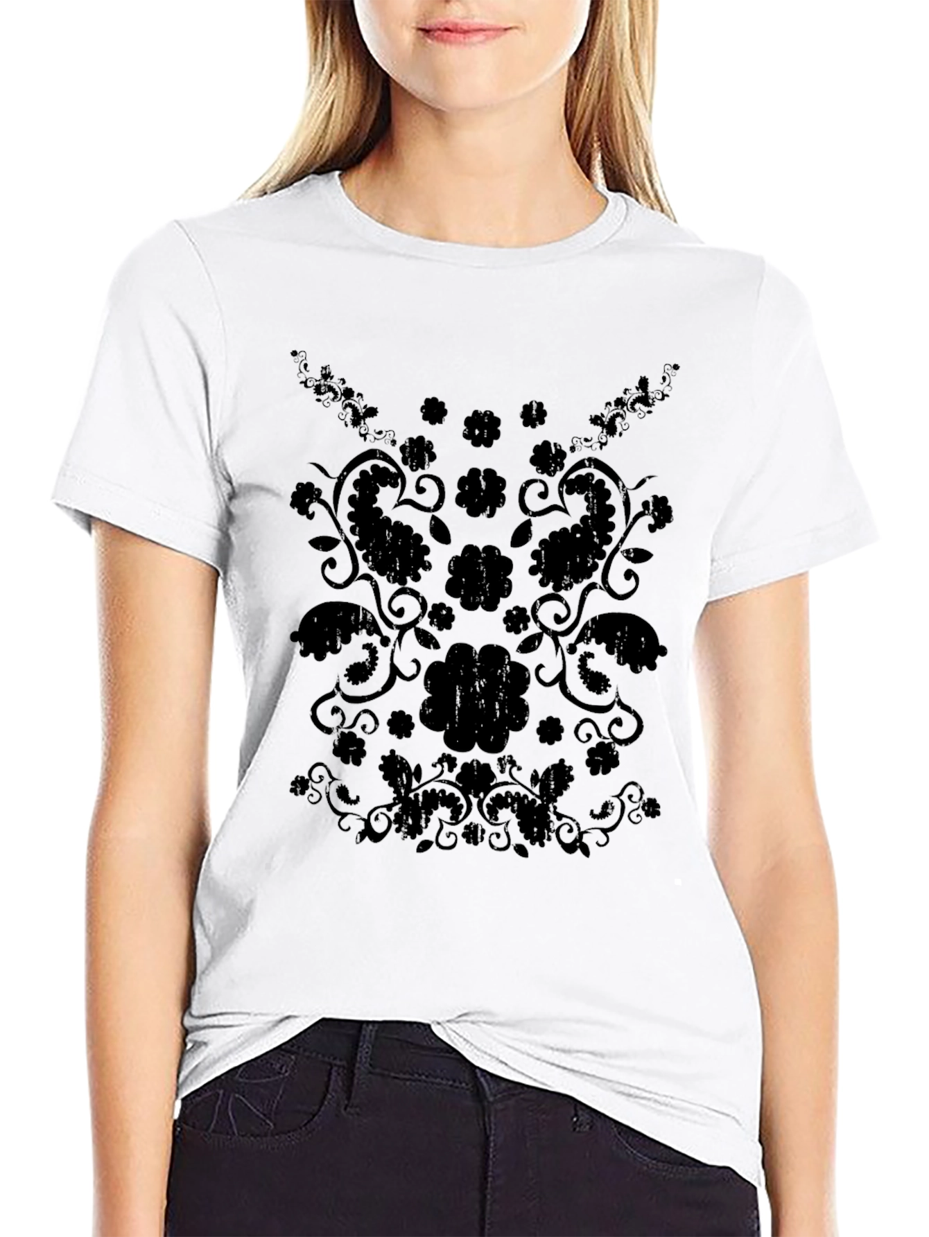Stylish Black Floral Paisley Graphic Tee