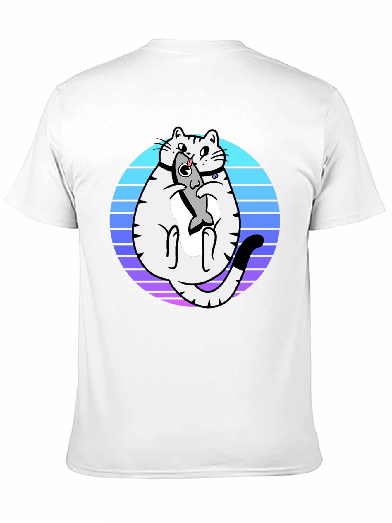 Cat Holding Fish Graphic T-Shirt - Black