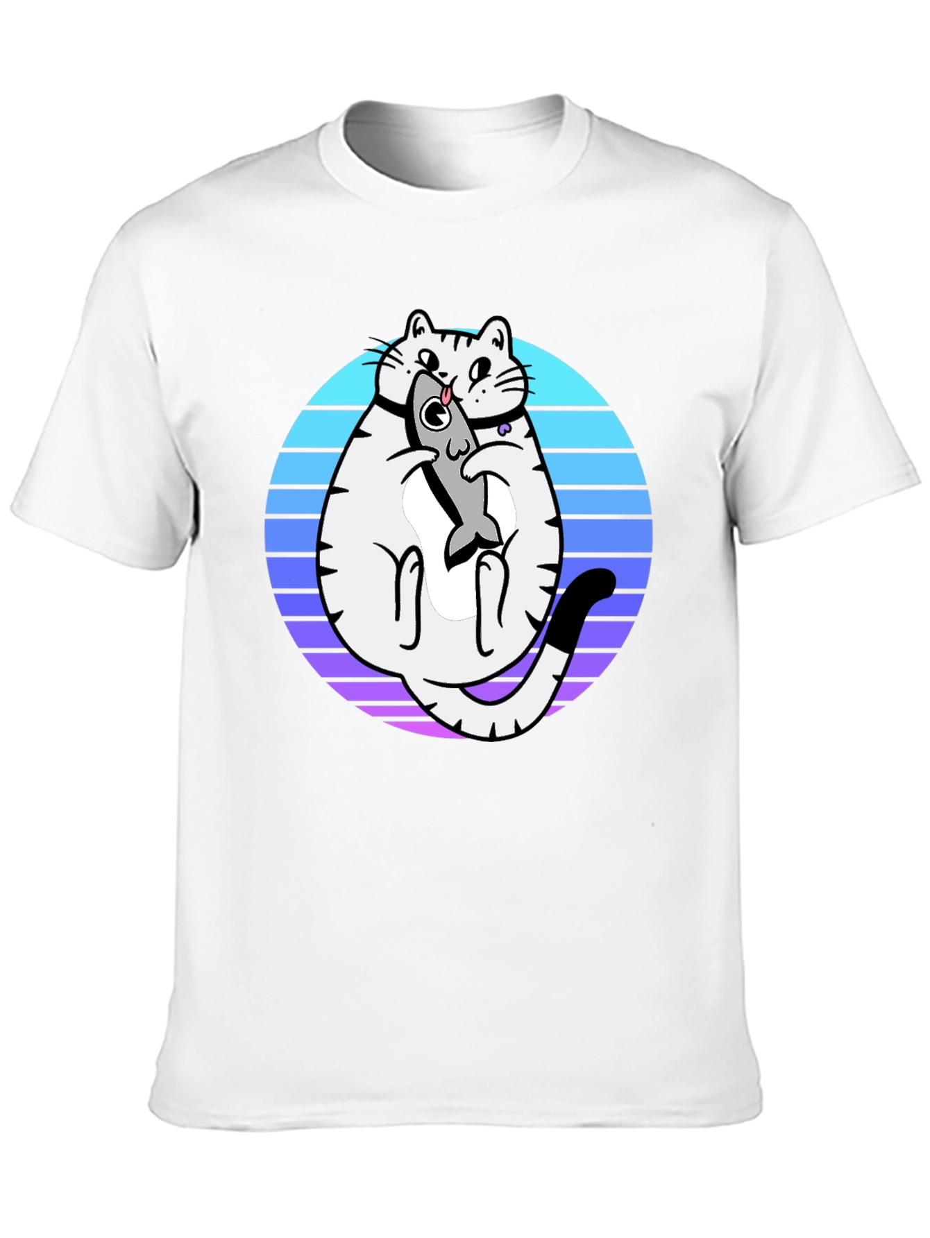 Cat Holding Fish Graphic T-Shirt - Black