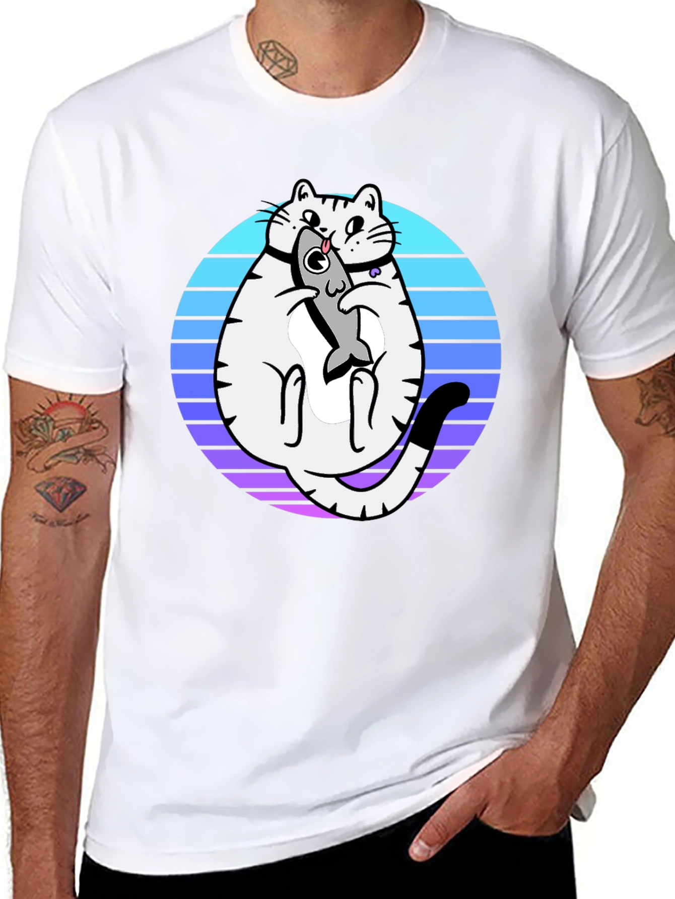 Cat Holding Fish Graphic T-Shirt - Black