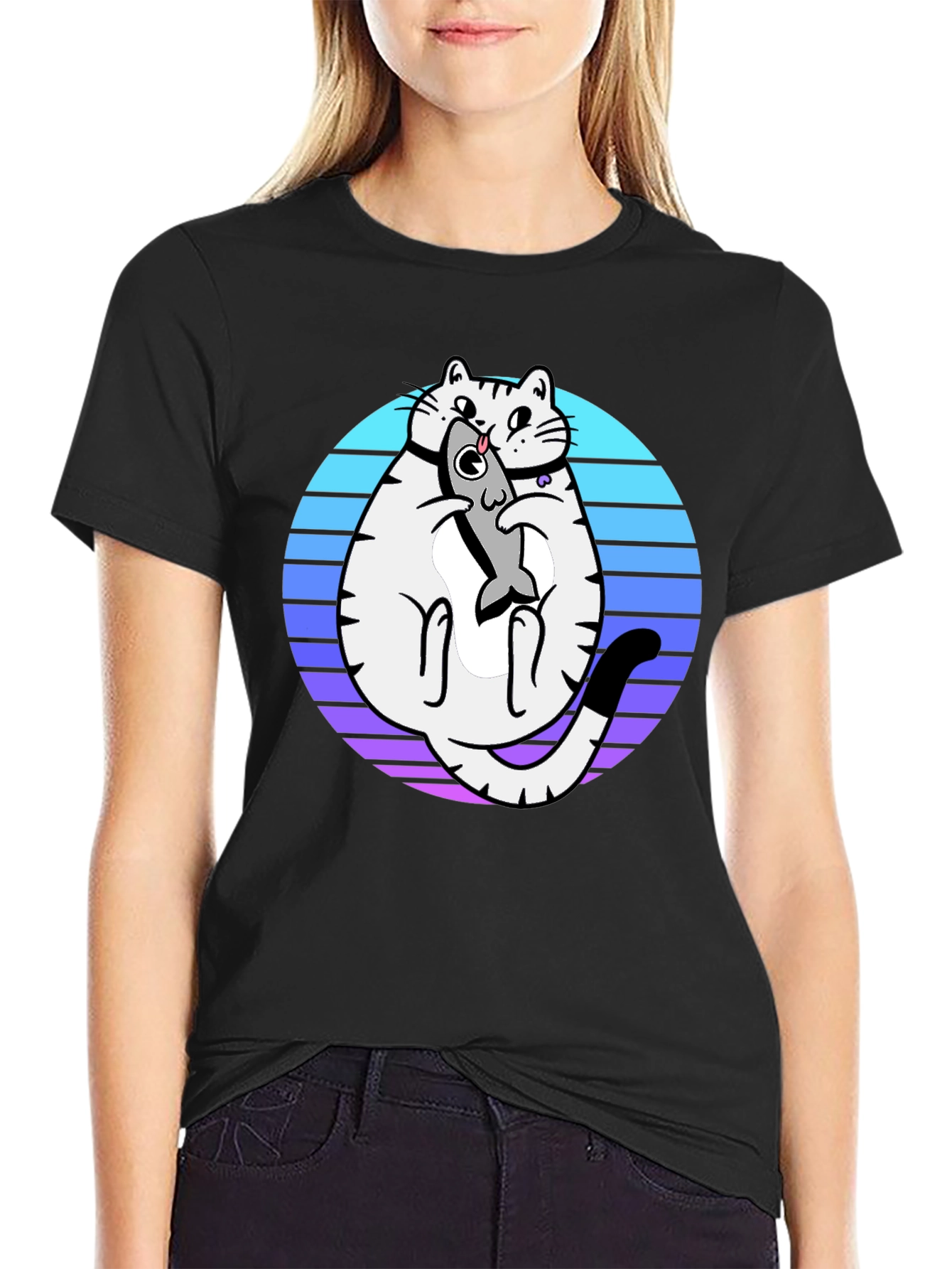 Cat Holding Fish Graphic T-Shirt - Black