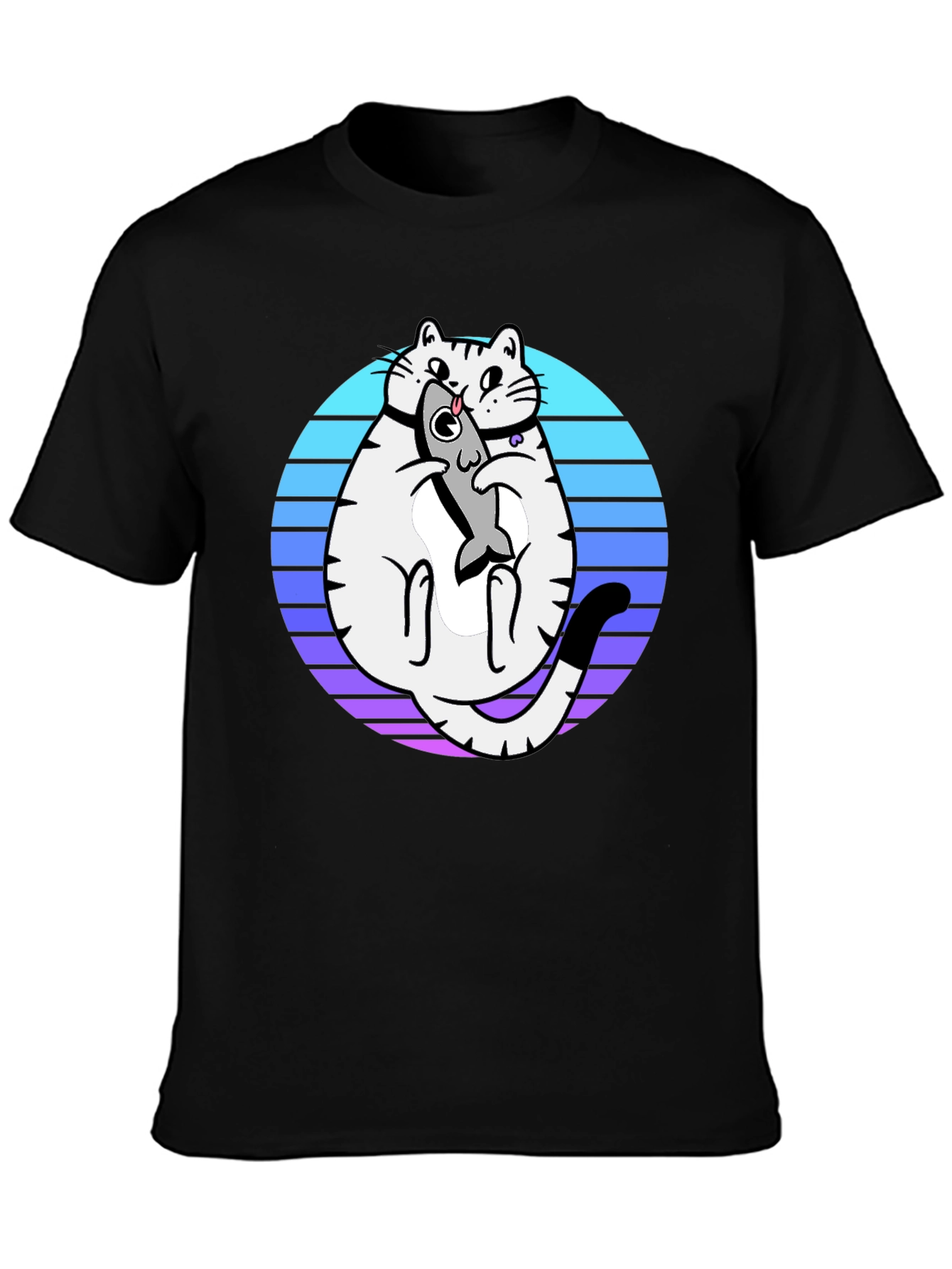 Cat Holding Fish Graphic T-Shirt - Black