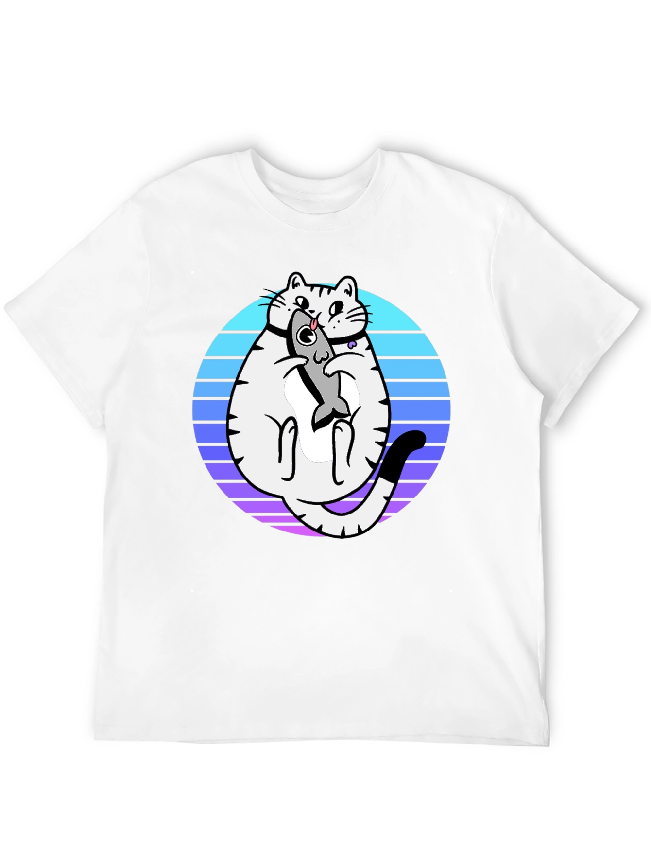 Cat Holding Fish Graphic T-Shirt - Black