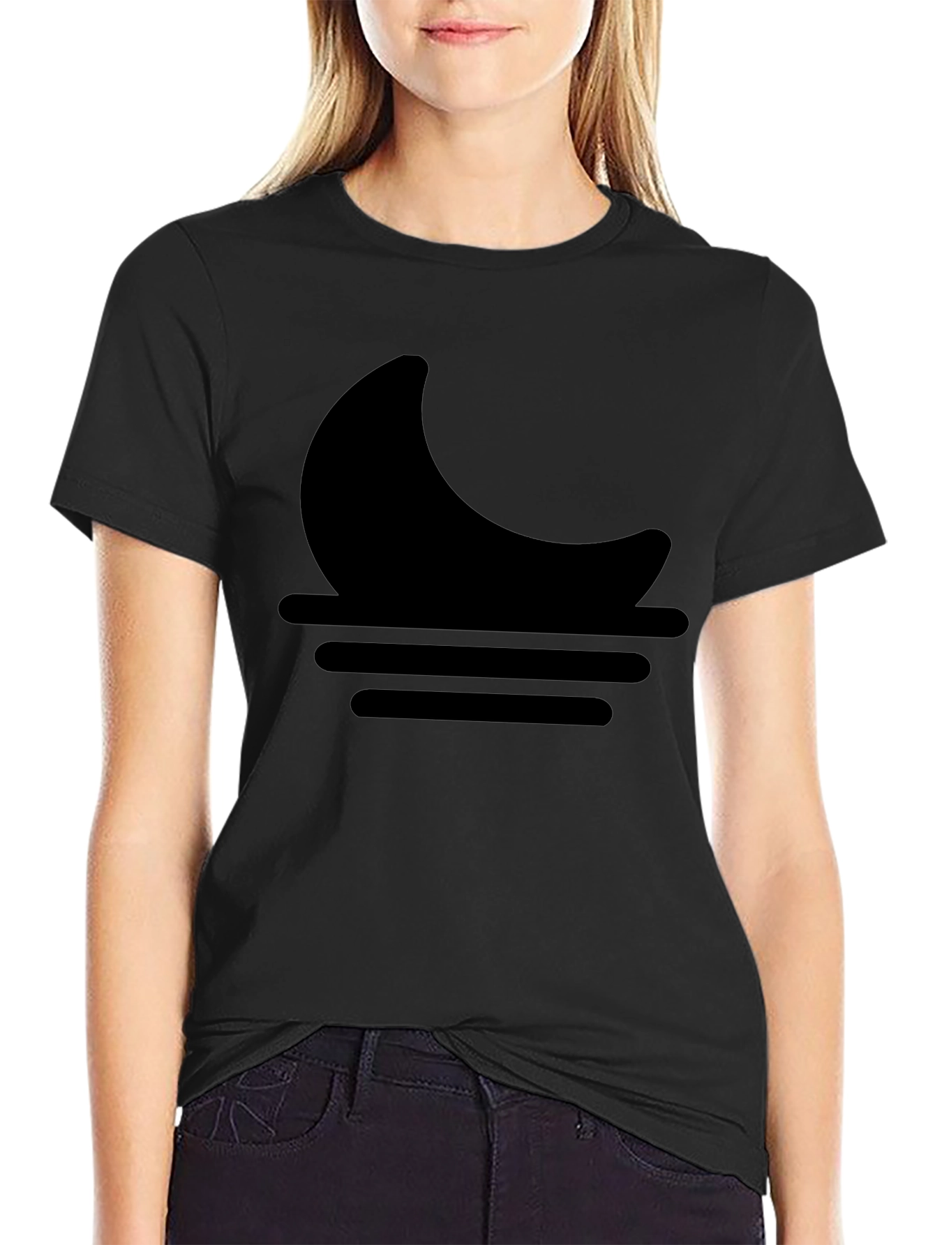 Minimalist Moon & Waves Graphic Black T-Shirt