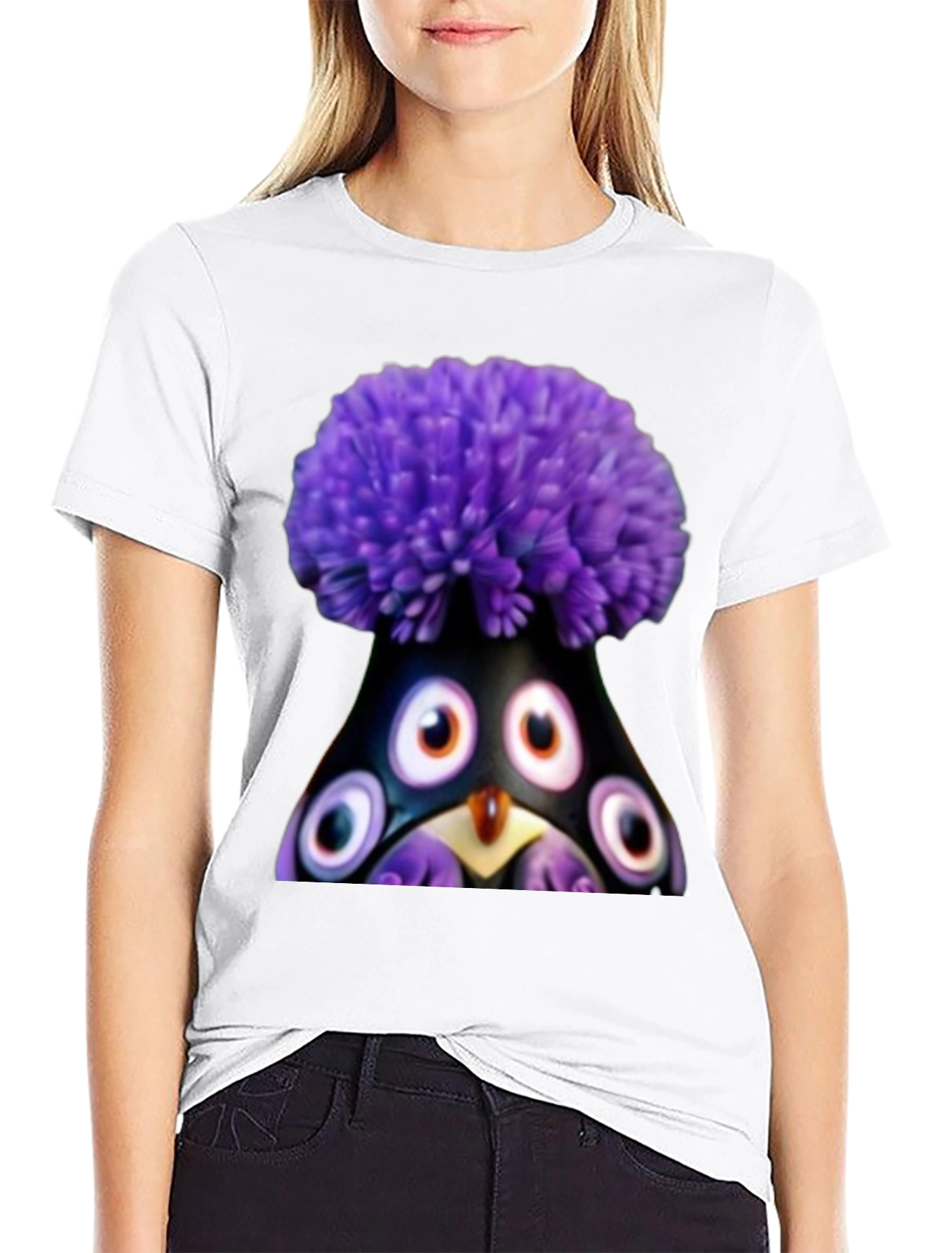 Whimsical Purple Pompom Monster Graphic Tee
