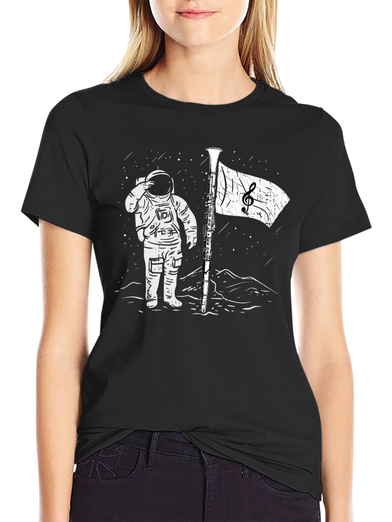 Astronaut Music Flag Black T-Shirt