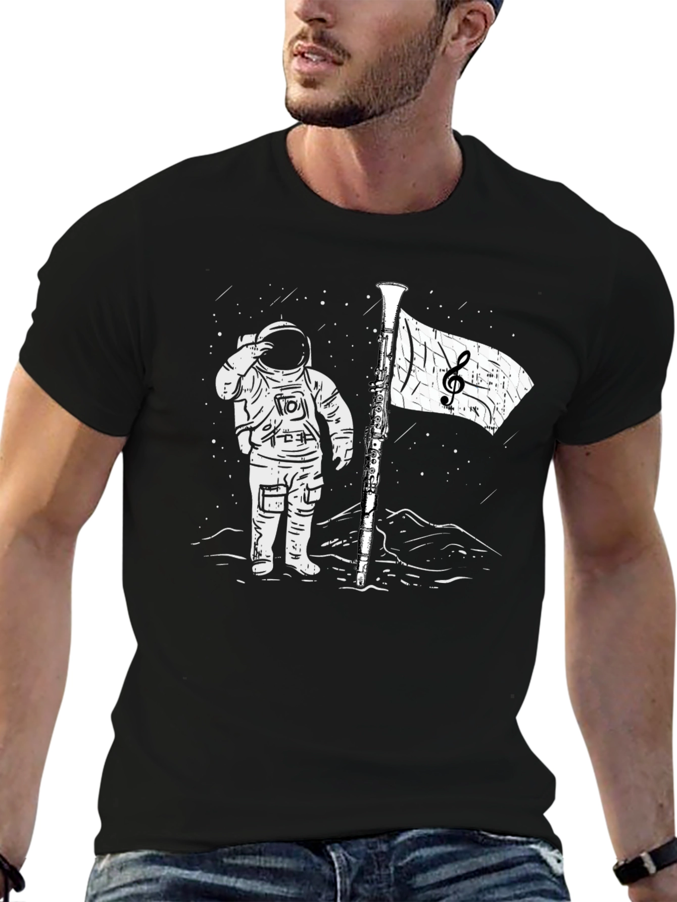 Astronaut Music Flag Black T-Shirt