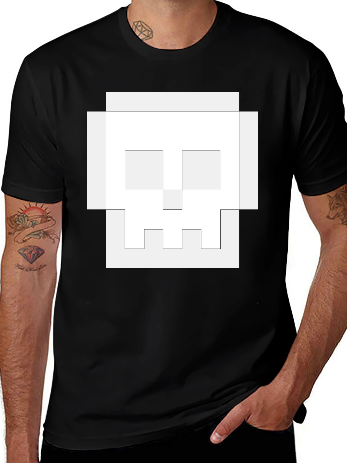 Pixel Skull Graphic Tee - Black Cotton Casual