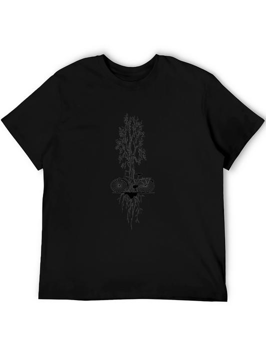 Bike & Tree Graphic Tee - Black Cotton Casual T-Shirt