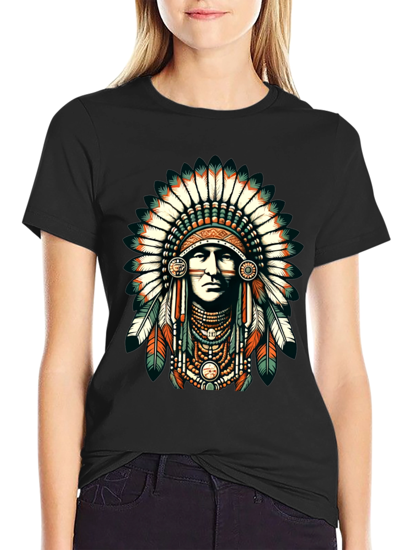 Native American Headdress Graphic Tee - Black
