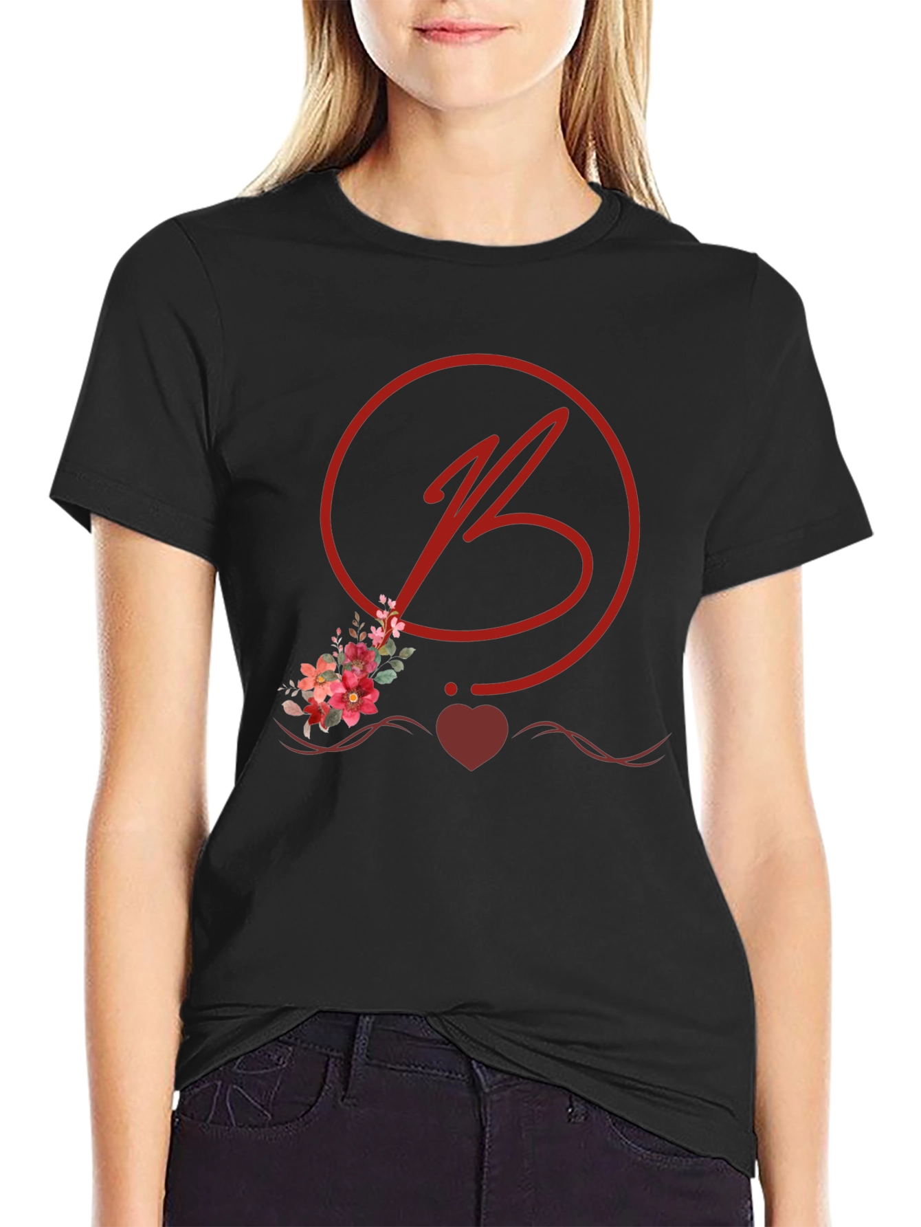Floral B Initial Black T-Shirt