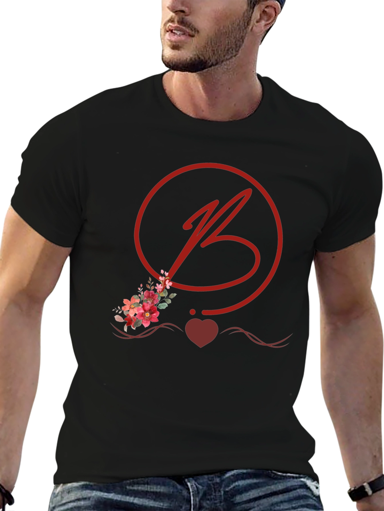 Floral B Initial Black T-Shirt
