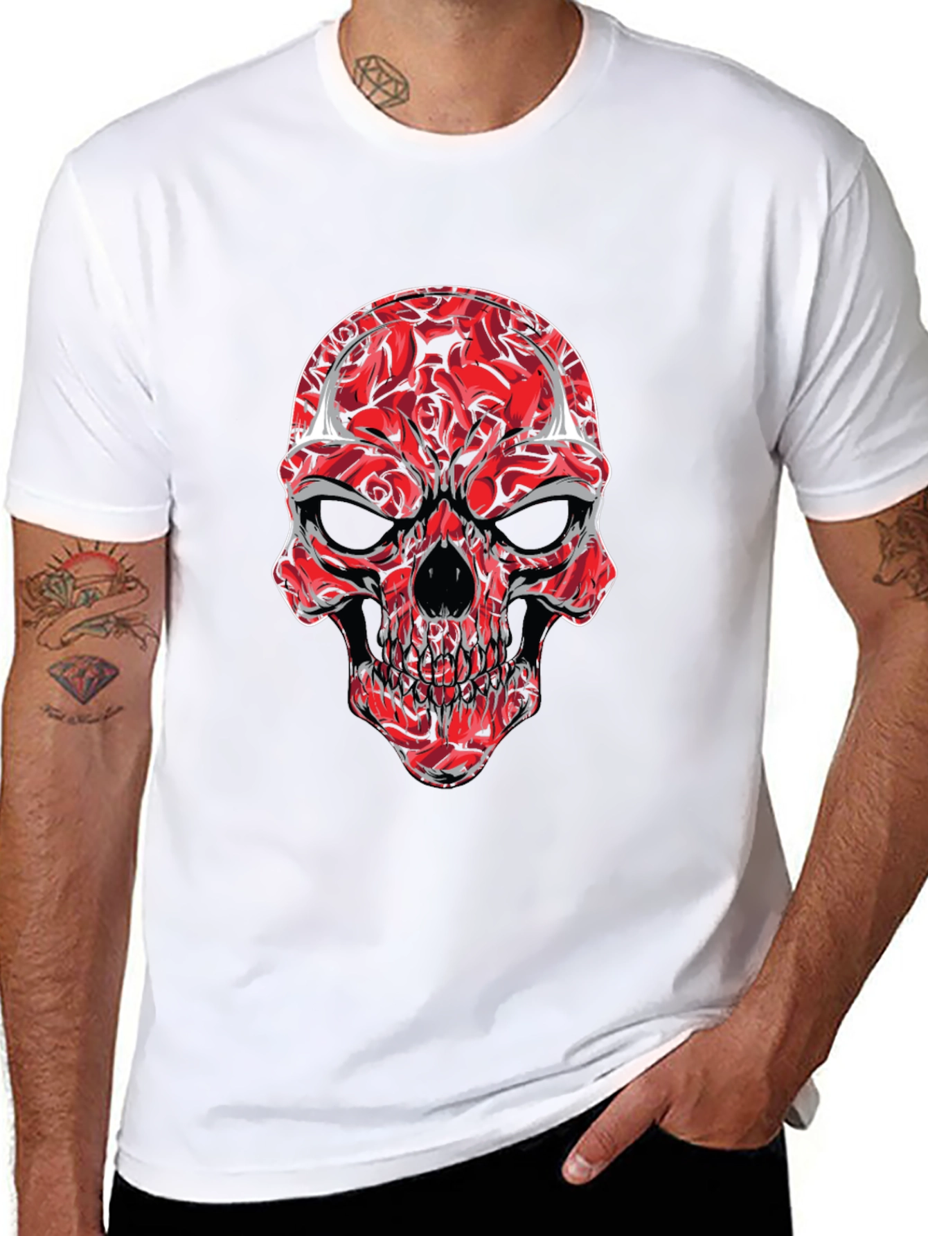 Red Rose Skull Graphic Tee - Mens Black T-Shirt
