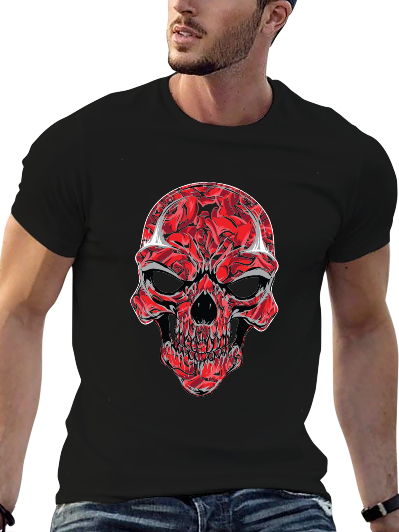 Red Rose Skull Graphic Tee - Mens Black T-Shirt