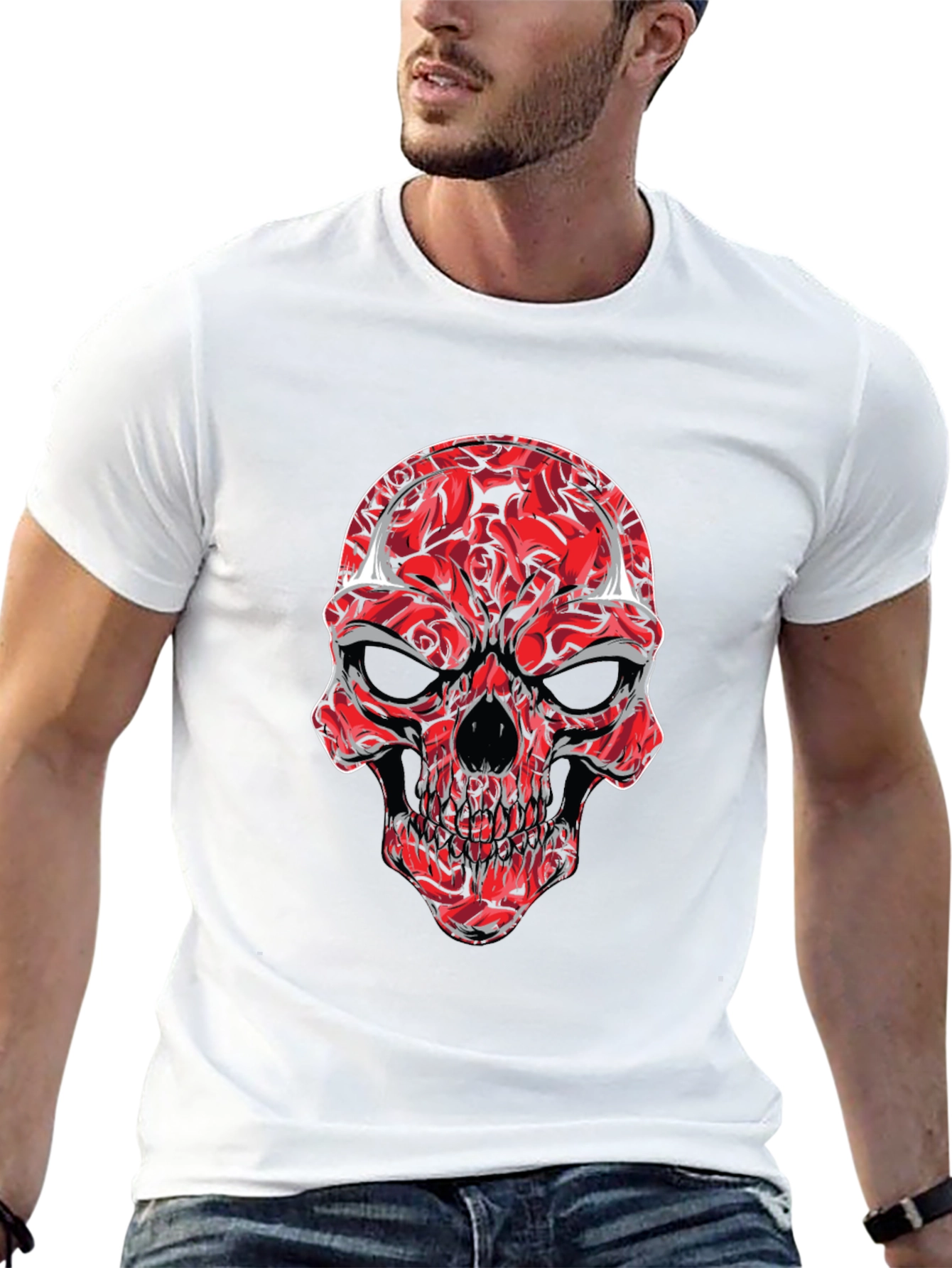 Red Rose Skull Graphic Tee - Mens Black T-Shirt