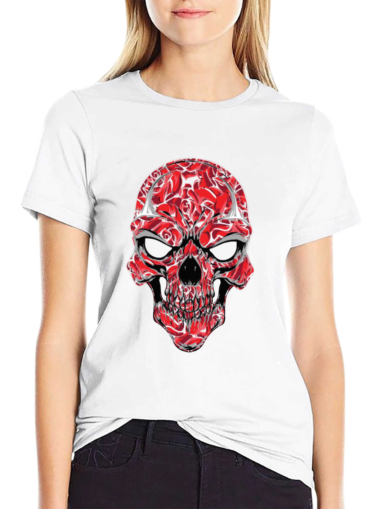 Red Rose Skull Graphic Tee - Mens Black T-Shirt