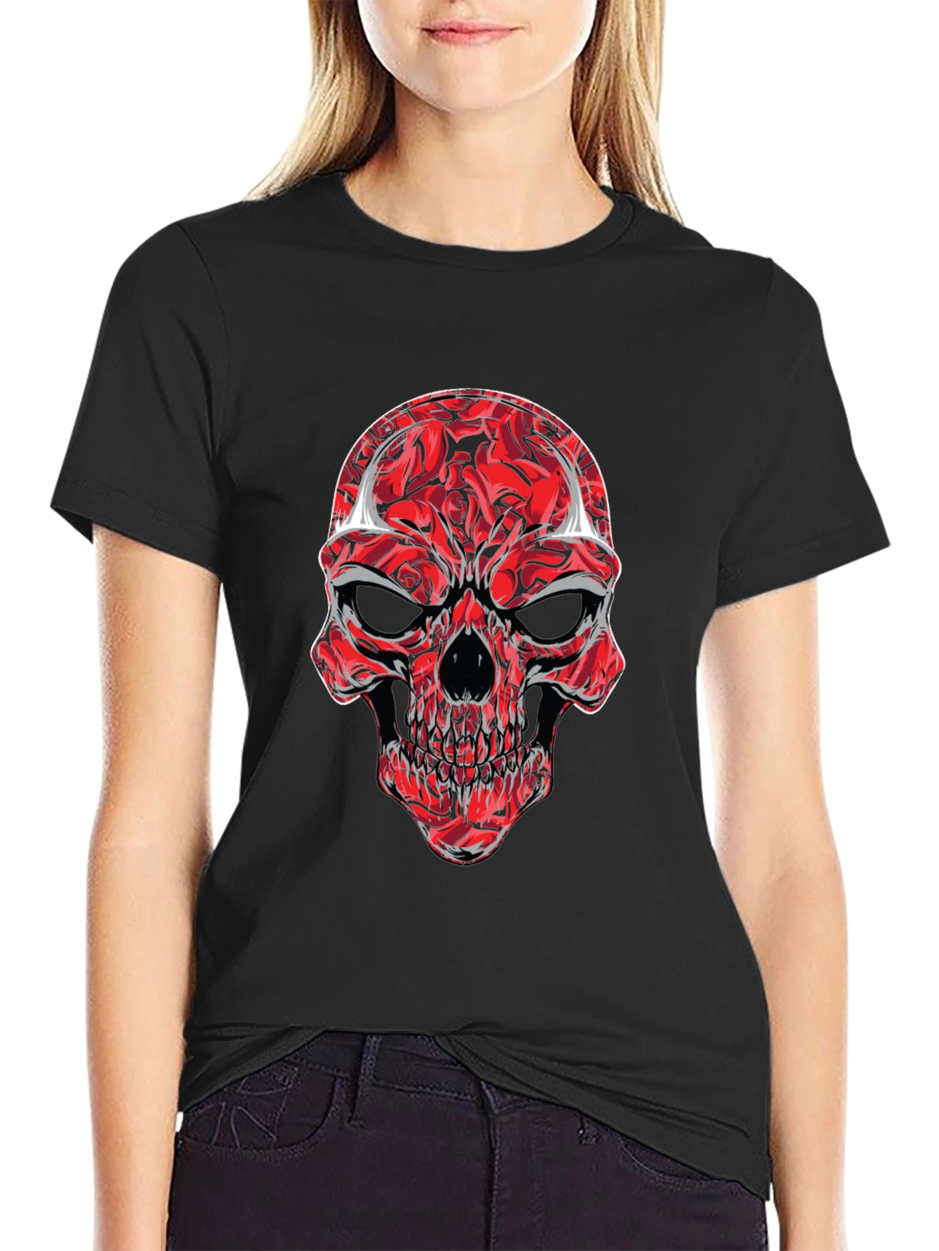 Red Rose Skull Graphic Tee - Mens Black T-Shirt