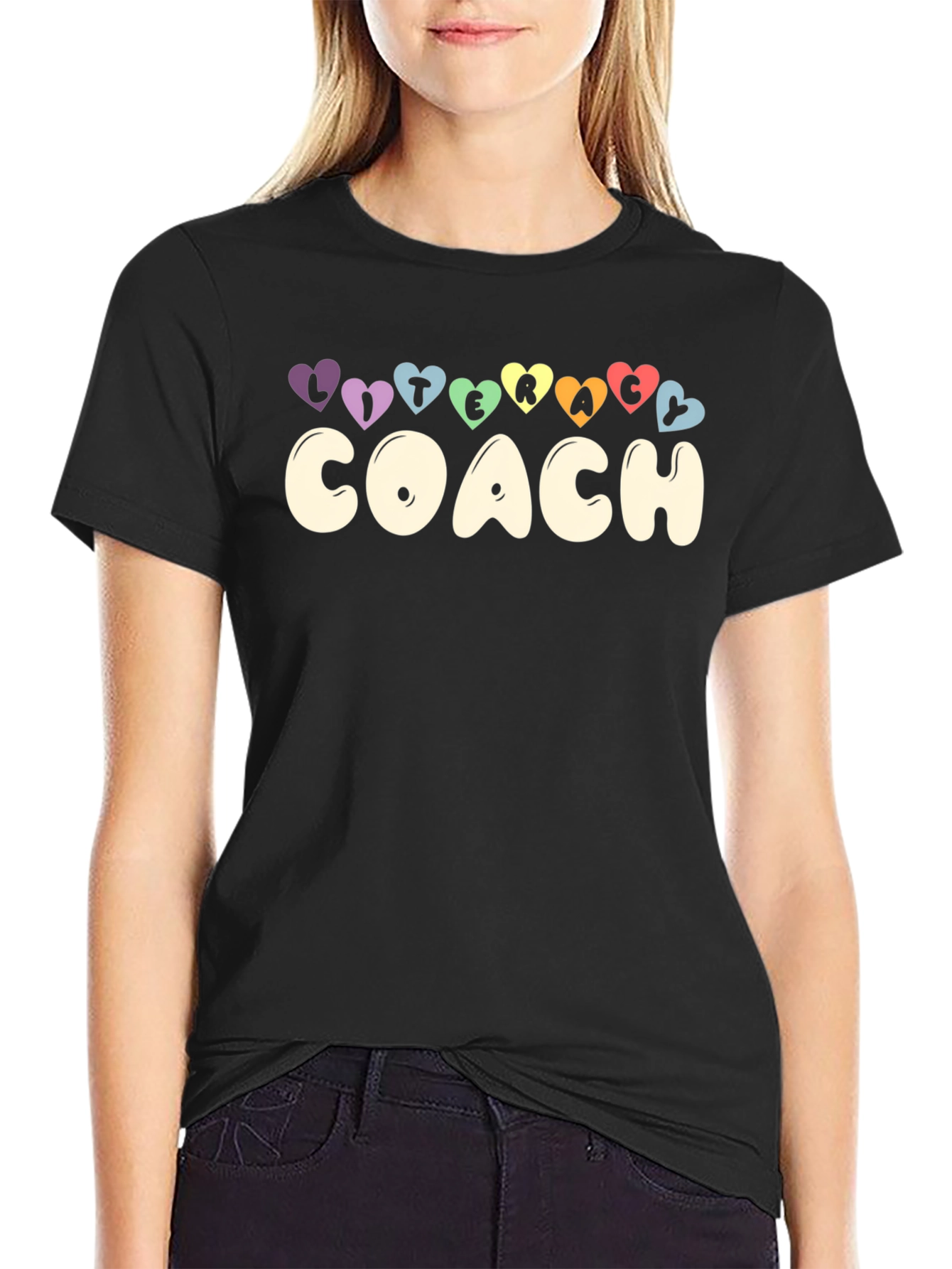 Literacy Coach Graphic Tee - Rainbow Hearts Black T-Shirt