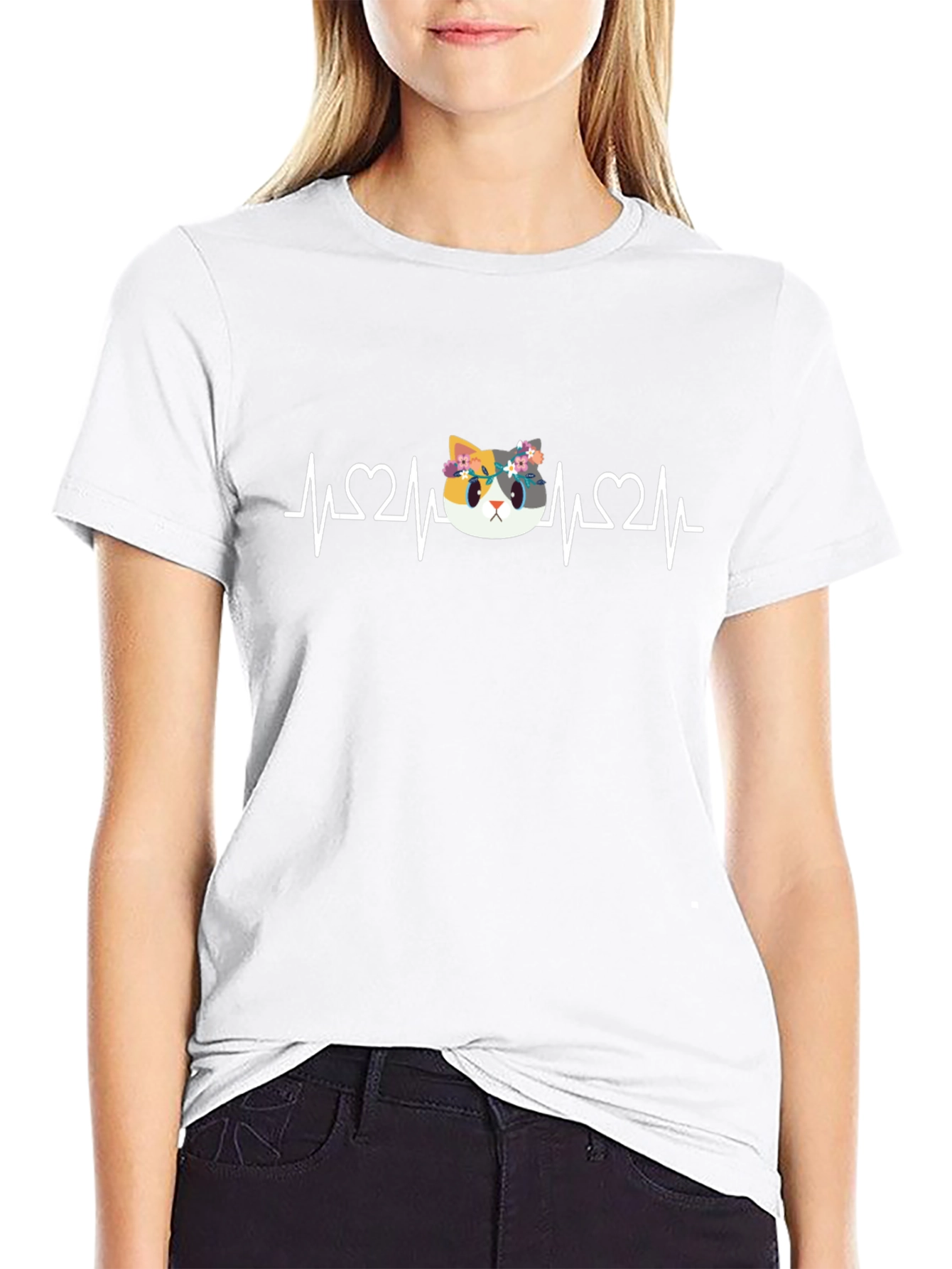 Cat Heartbeat T-Shirt - Floral Crown Kitten Tee